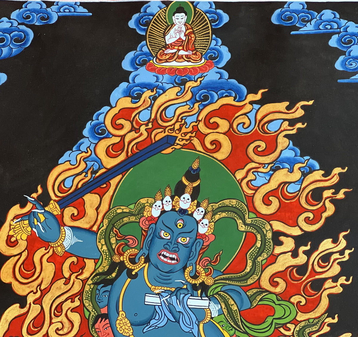 Hand-Painted Black Manjushri Thangka  Tibetan Buddhist Art- Silk Brocade Option Available