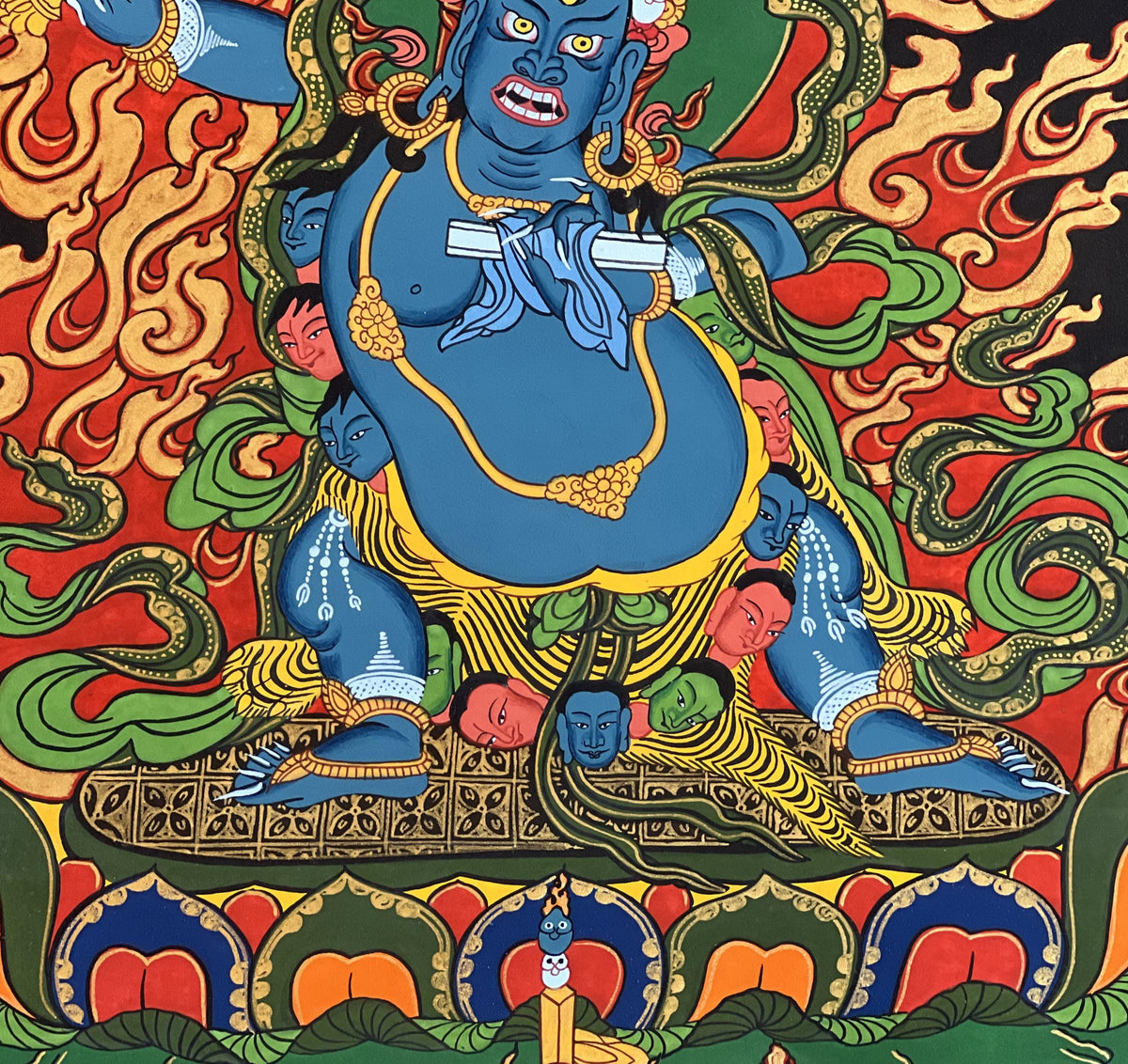 Hand-Painted Black Manjushri Thangka  Tibetan Buddhist Art- Silk Brocade Option Available