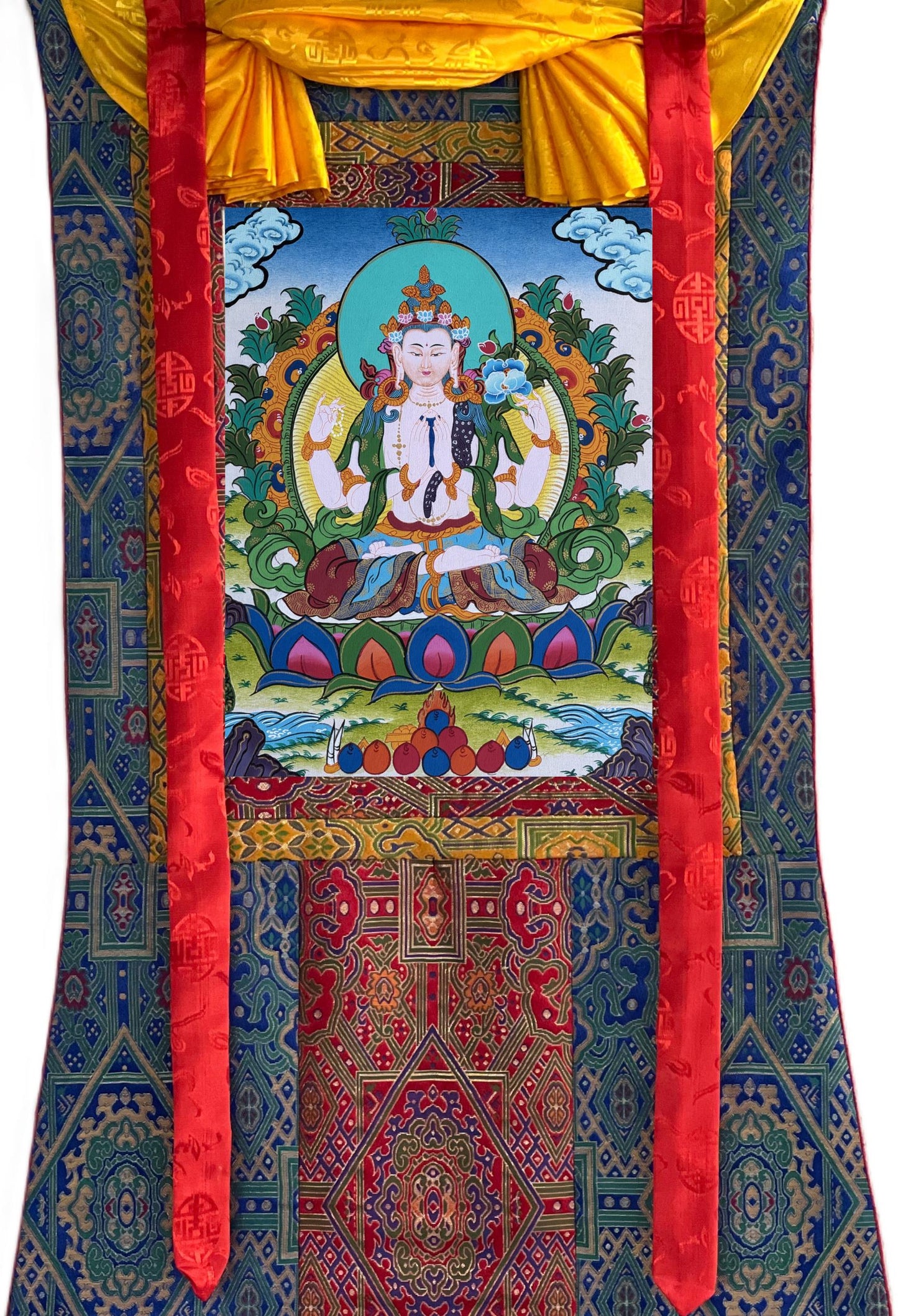 Original Hand-Painted  Chenrezig Thangka | Avalokiteshvara – Bodhisattva of Compassion | Framed with Silk Brocade