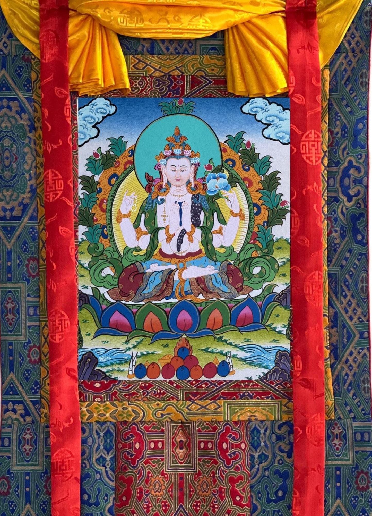 Original Hand-Painted  Chenrezig Thangka | Avalokiteshvara – Bodhisattva of Compassion | Framed with Silk Brocade
