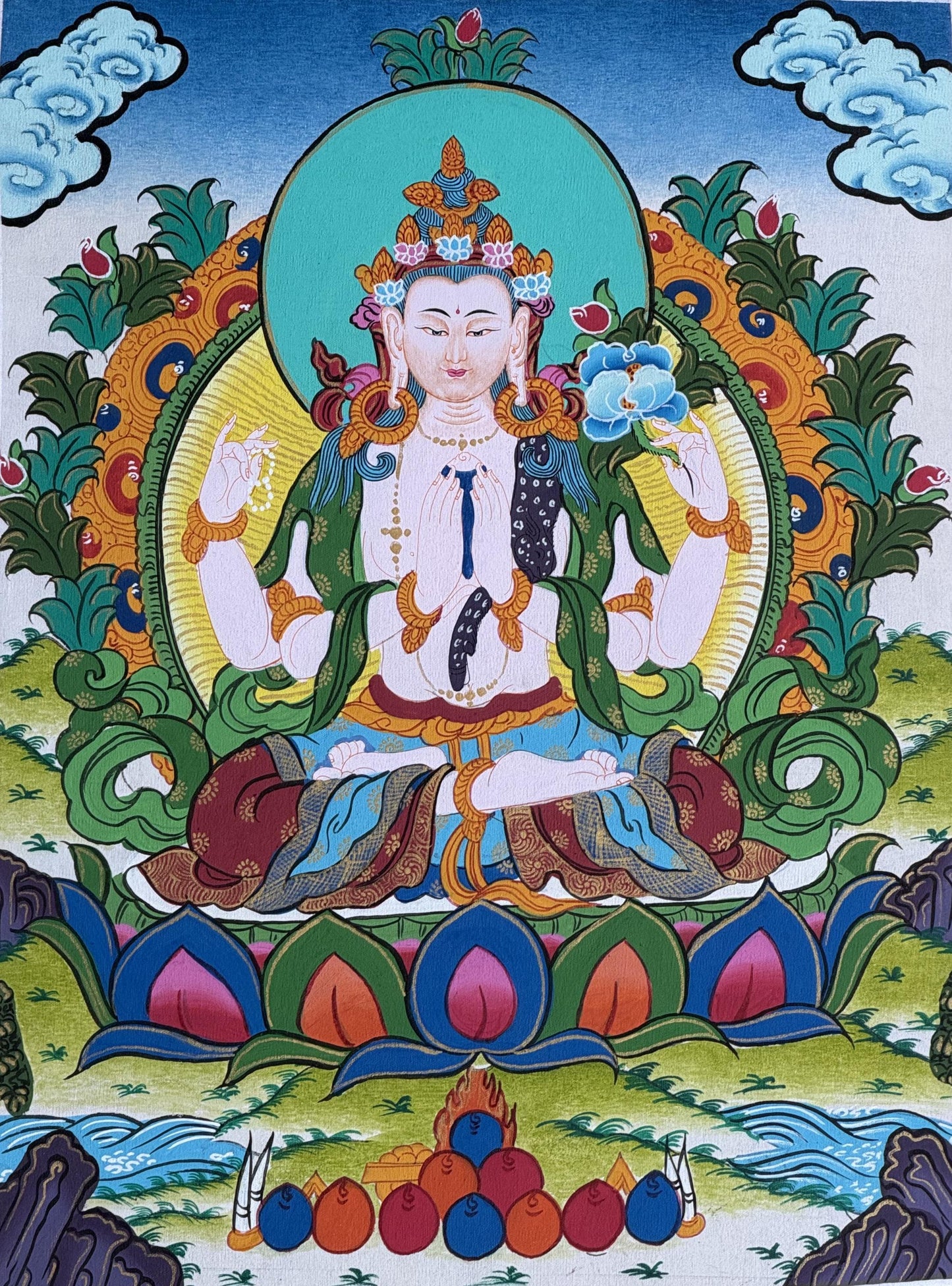 Original Hand-Painted  Chenrezig Thangka | Avalokiteshvara – Bodhisattva of Compassion | Framed with Silk Brocade