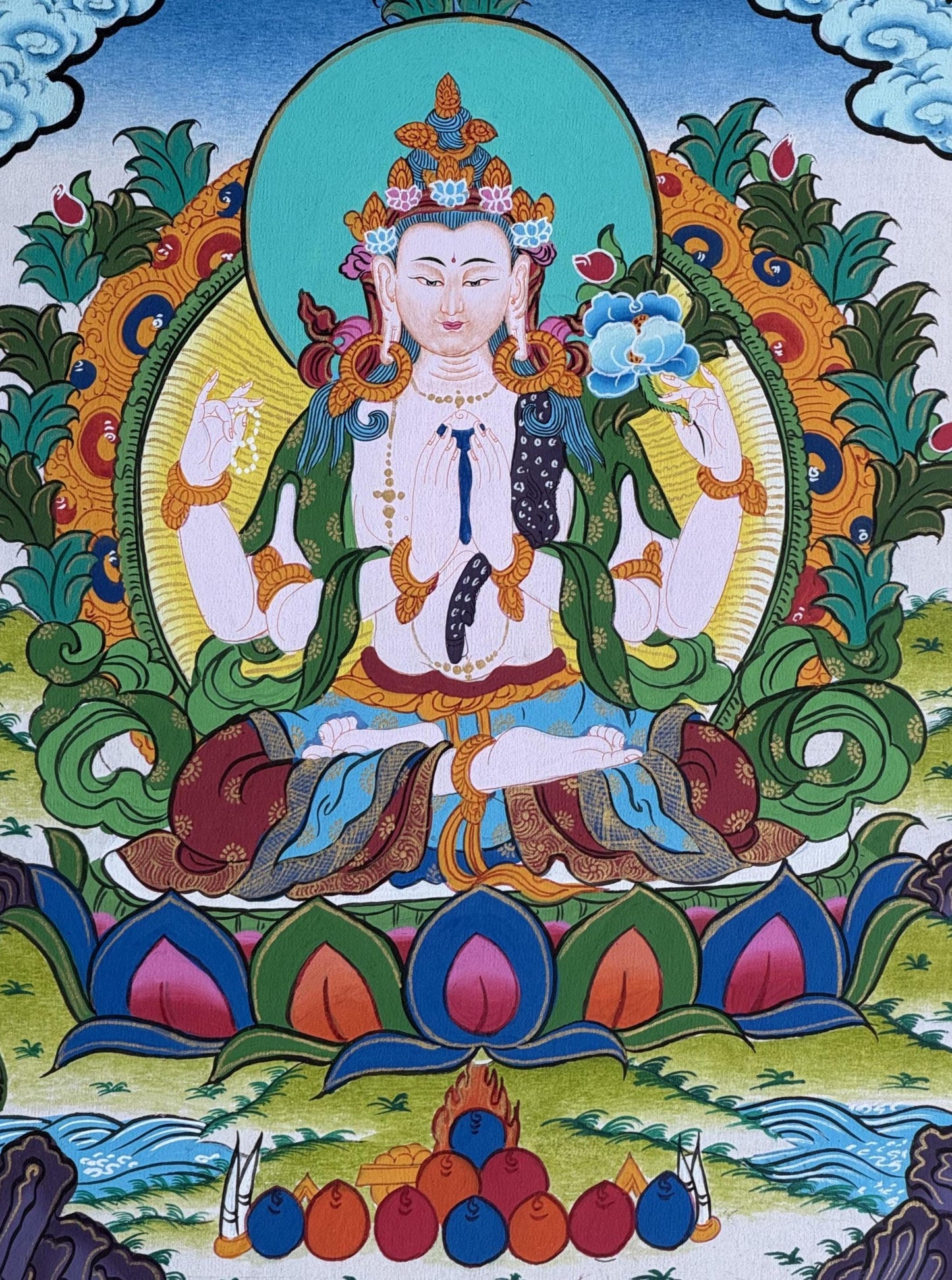 Original Hand-Painted  Chenrezig Thangka | Avalokiteshvara – Bodhisattva of Compassion | Framed with Silk Brocade