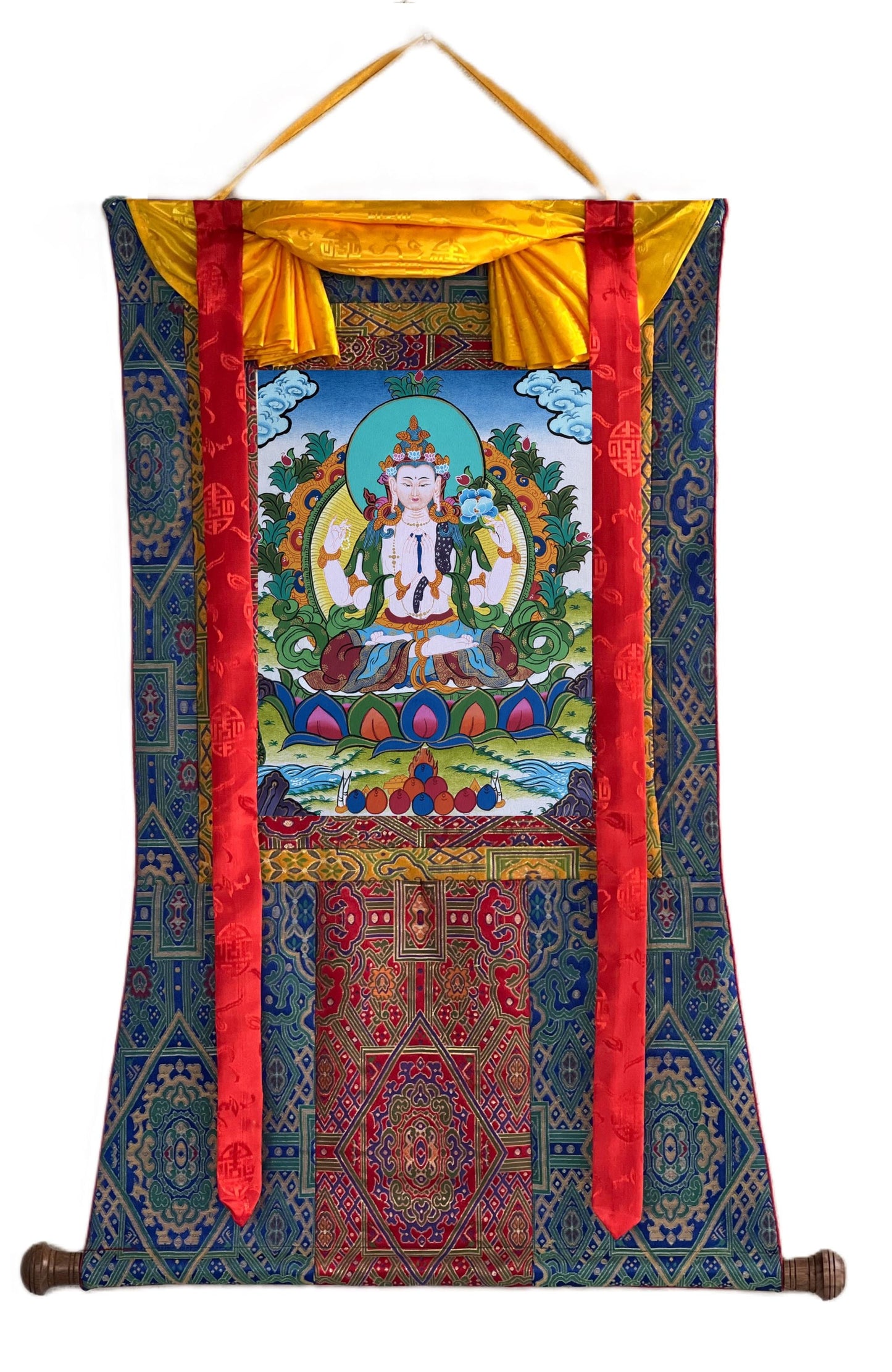 Original Hand-Painted  Chenrezig Thangka | Avalokiteshvara – Bodhisattva of Compassion | Framed with Silk Brocade