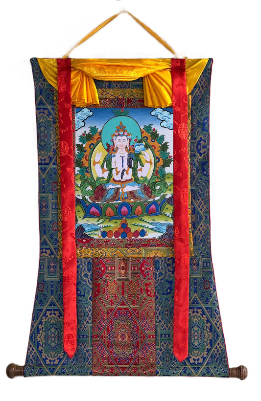 Original Hand-Painted  Chenrezig Thangka | Avalokiteshvara – Bodhisattva of Compassion | Framed with Silk Brocade