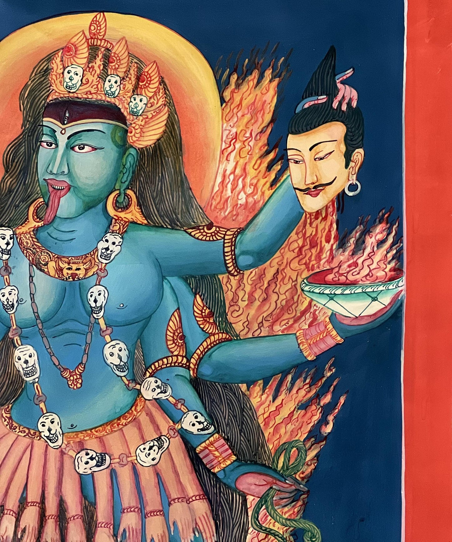 Hand-Painted Mahakali Newari Paubha | Hindu Goddess Kali Thangka | Smoky Masterpiece Art from Nepal