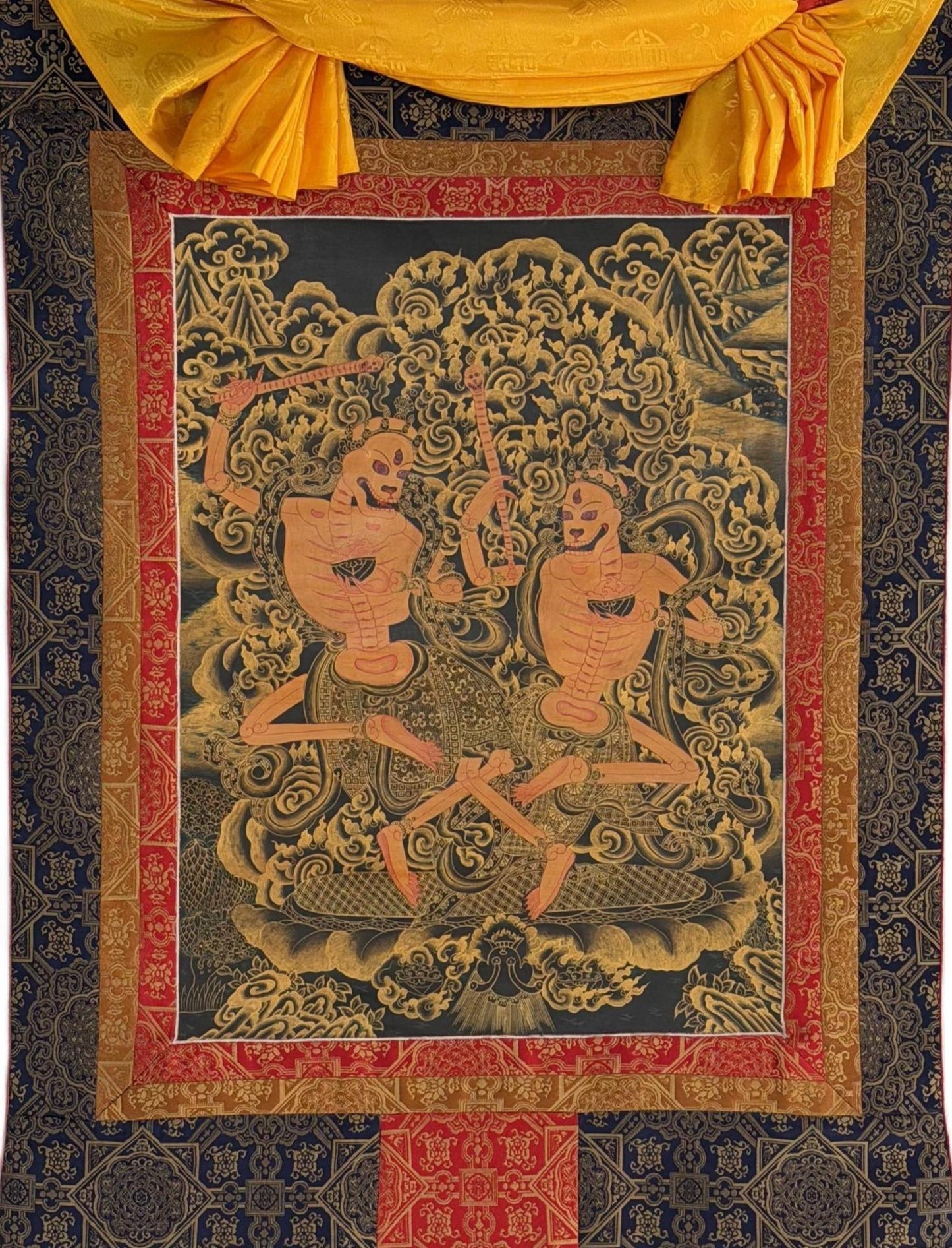Hand-Painted Citipati Thangka Painting with Silk Brocade