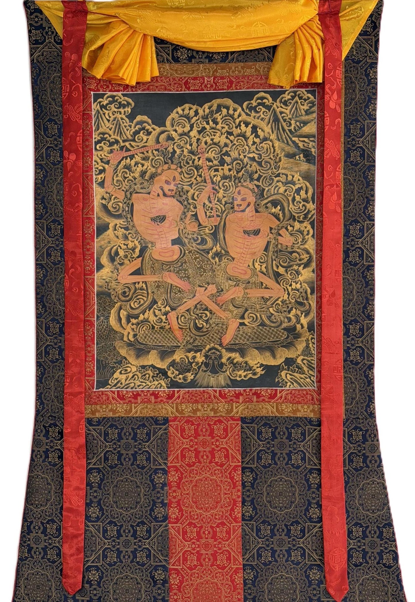 Hand-Painted Citipati Thangka Painting with Silk Brocade