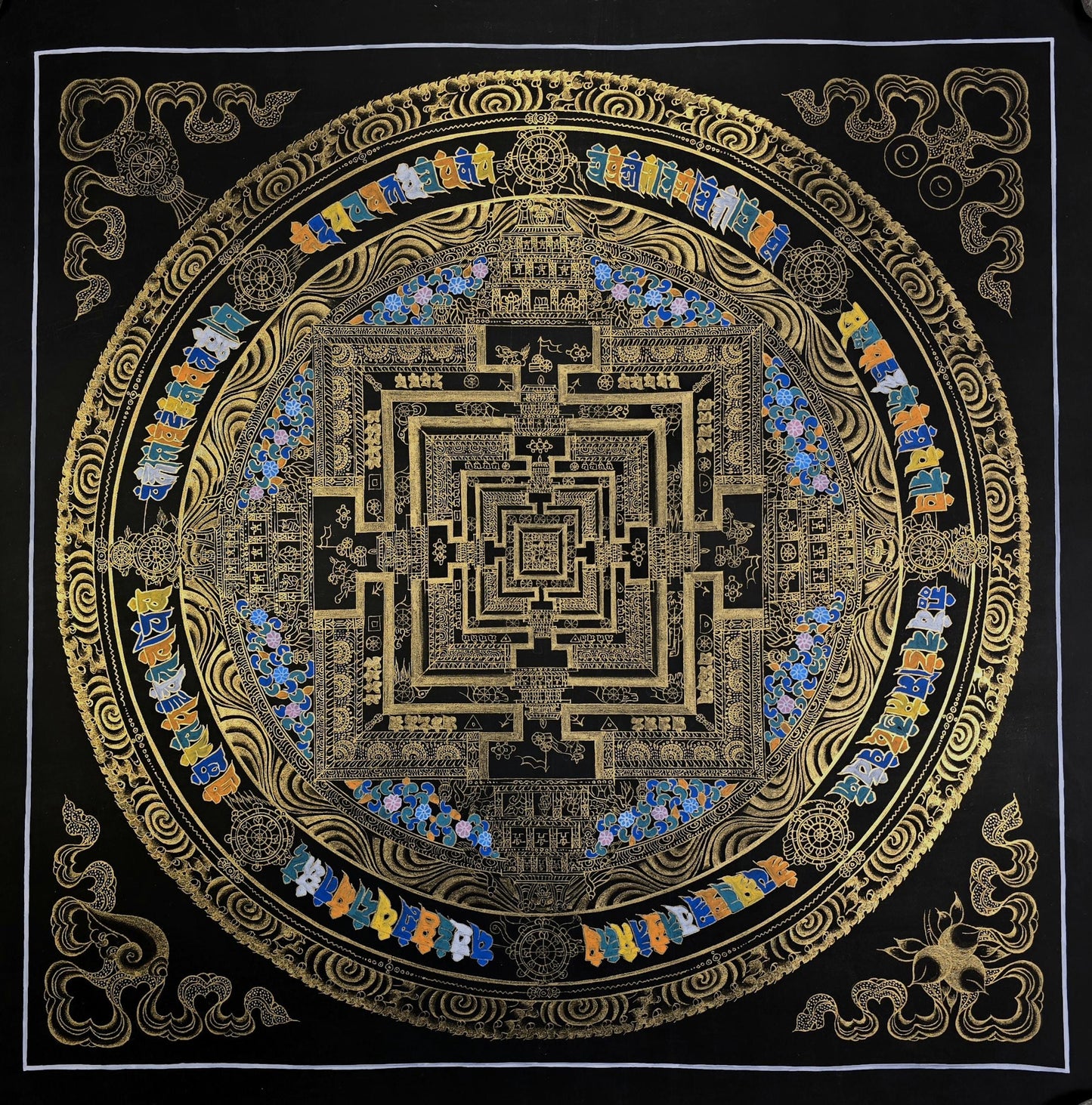 Black & Gold Kalachakra Mandala Thangka - Original Hand-Painted Tibetan Wheel of Time Art