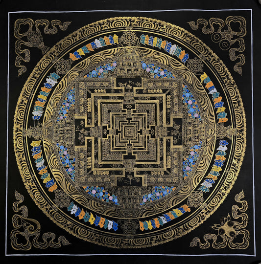 Black & Gold Kalachakra Mandala Thangka - Original Hand-Painted Tibetan Wheel of Time Art