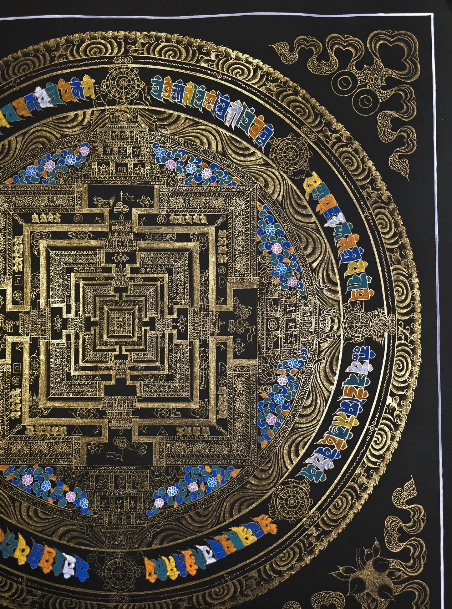 Black & Gold Kalachakra Mandala Thangka - Original Hand-Painted Tibetan Wheel of Time Art