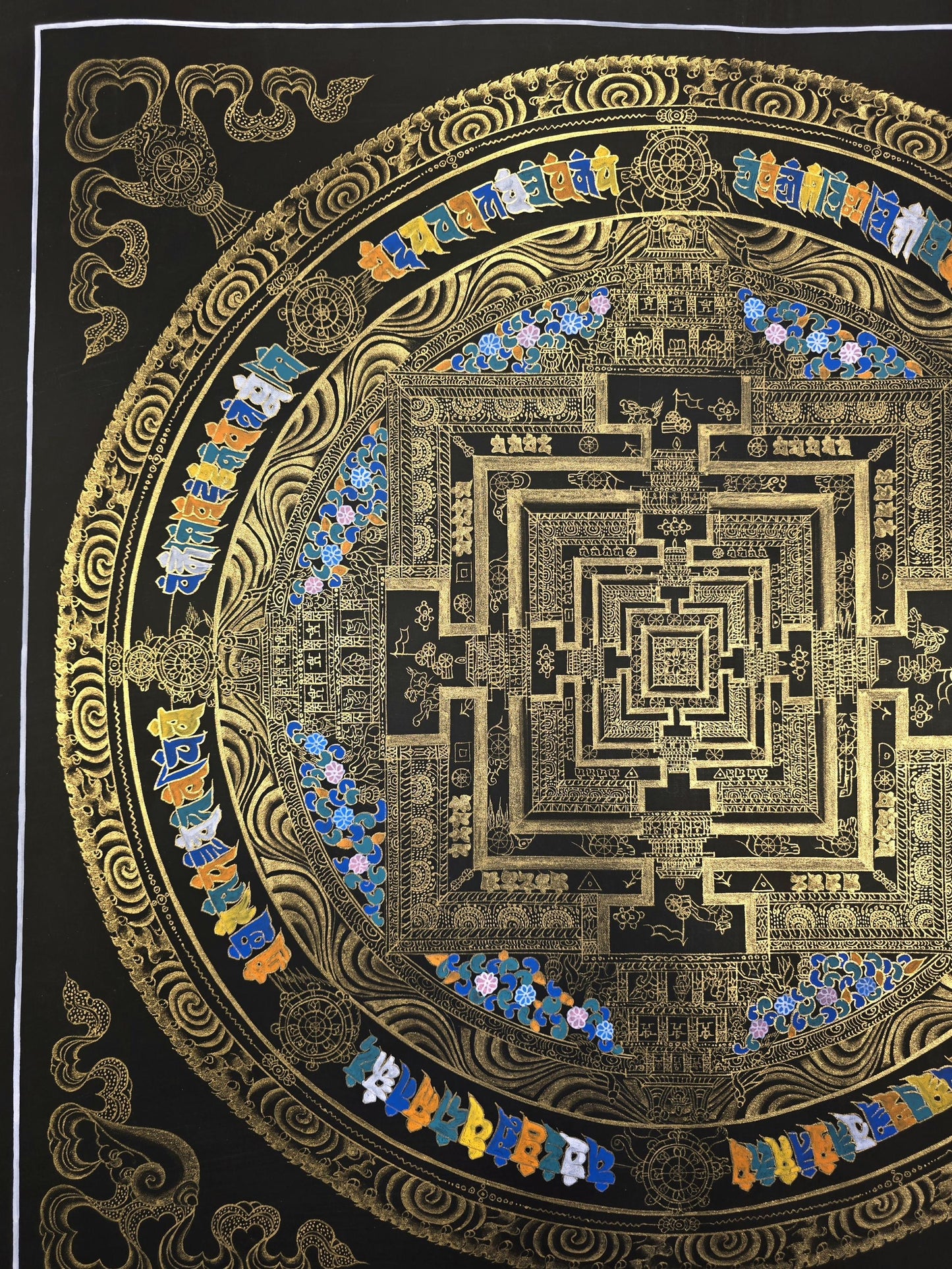 Black & Gold Kalachakra Mandala Thangka - Original Hand-Painted Tibetan Wheel of Time Art