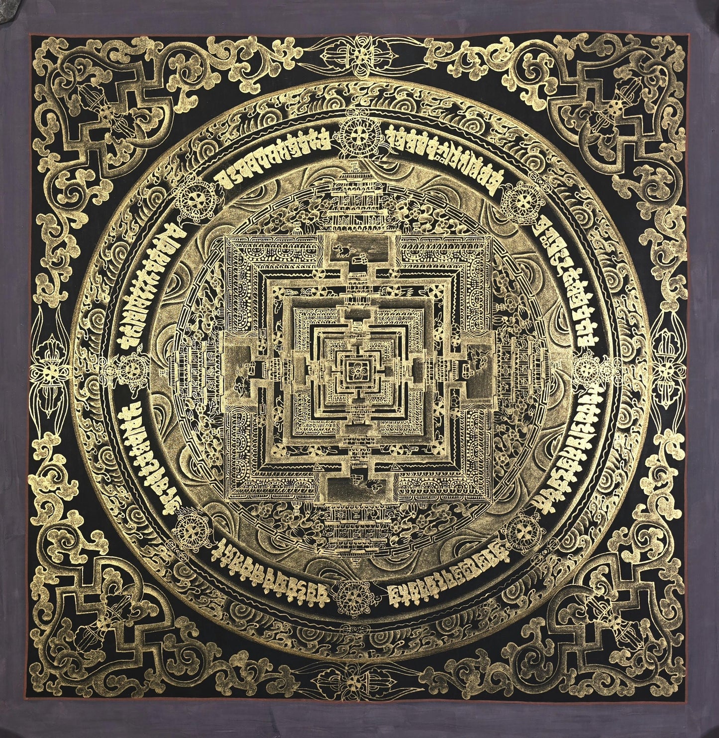 Black and Gold Kalachakra Mandala – Wheel of Time Tibetan Thangka Painting