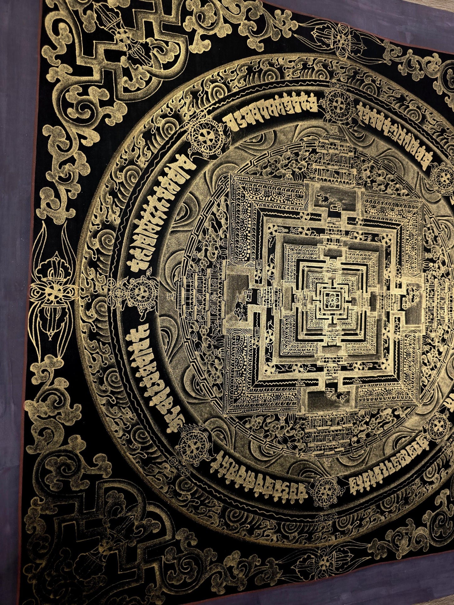 Black and Gold Kalachakra Mandala – Wheel of Time Tibetan Thangka Painting