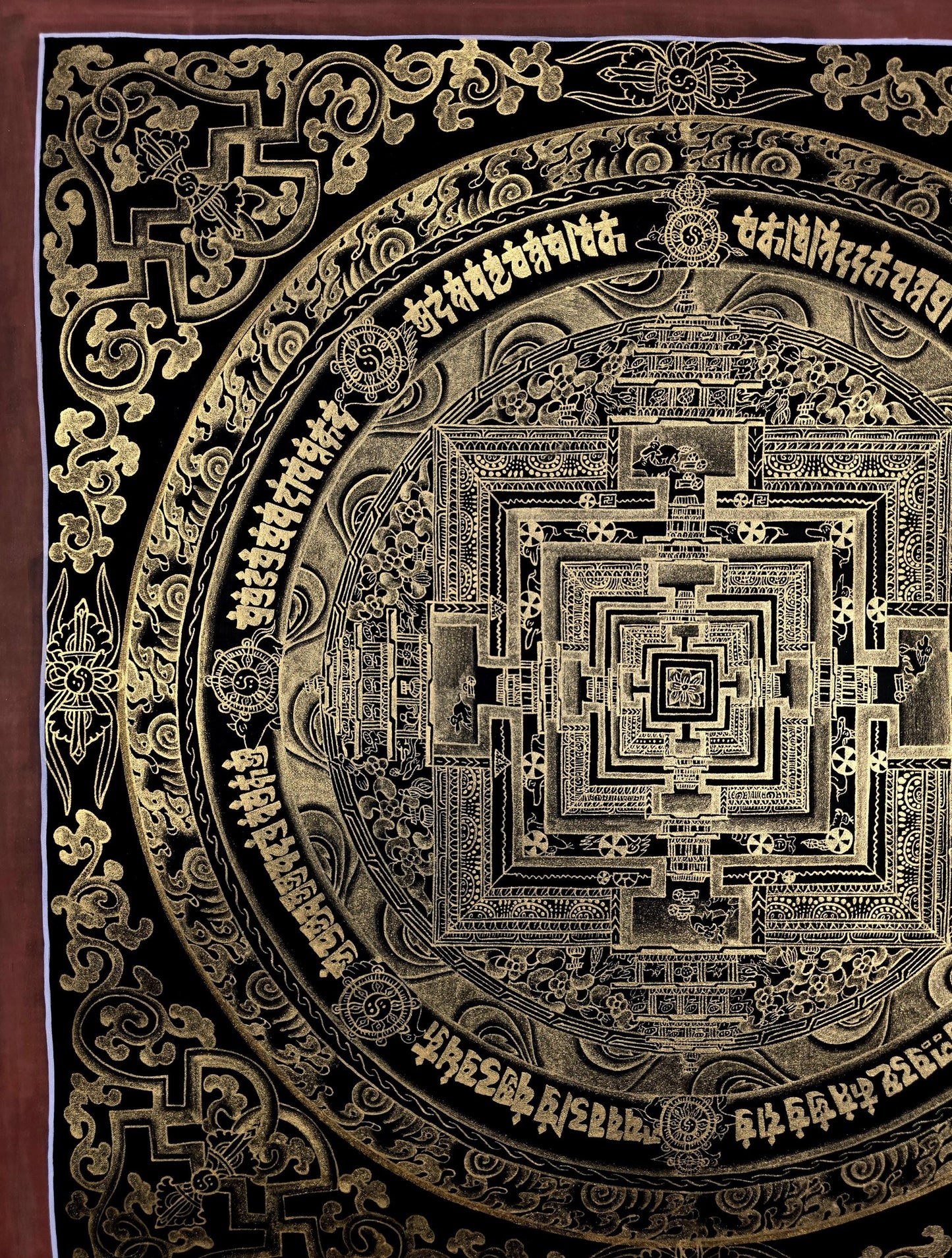 Black and Gold Kalachakra Mandala – Wheel of Time Tibetan Thangka Painting from Nepal