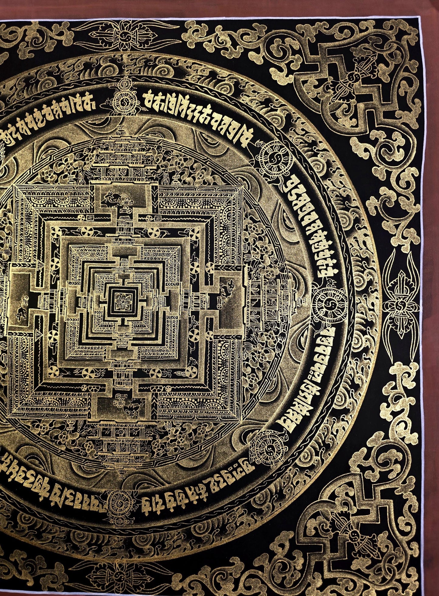 Black and Gold Kalachakra Mandala – Wheel of Time Tibetan Thangka Painting from Nepal