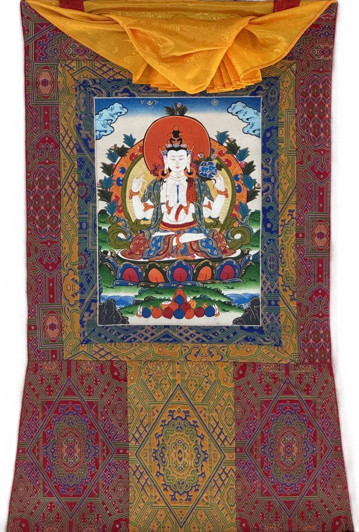 Original Hand-Painted Four-Armed Chenrezig Avalokiteshvara Thangka – Tibetan Buddhist Art, Compassion Bodhisattva with Silk Brocade