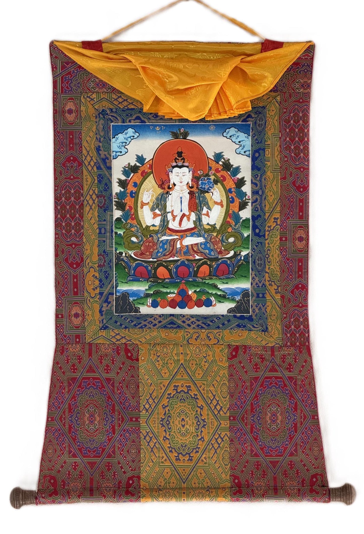 Original Hand-Painted Four-Armed Chenrezig Avalokiteshvara Thangka – Tibetan Buddhist Art, Compassion Bodhisattva with Silk Brocade