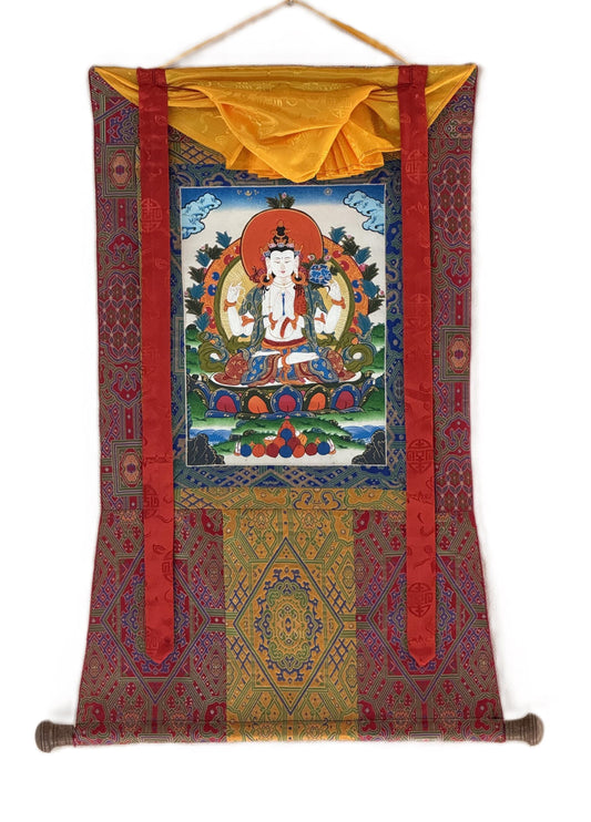 Original Hand-Painted Four-Armed Chenrezig Avalokiteshvara Thangka – Tibetan Buddhist Art, Compassion Bodhisattva with Silk Brocade
