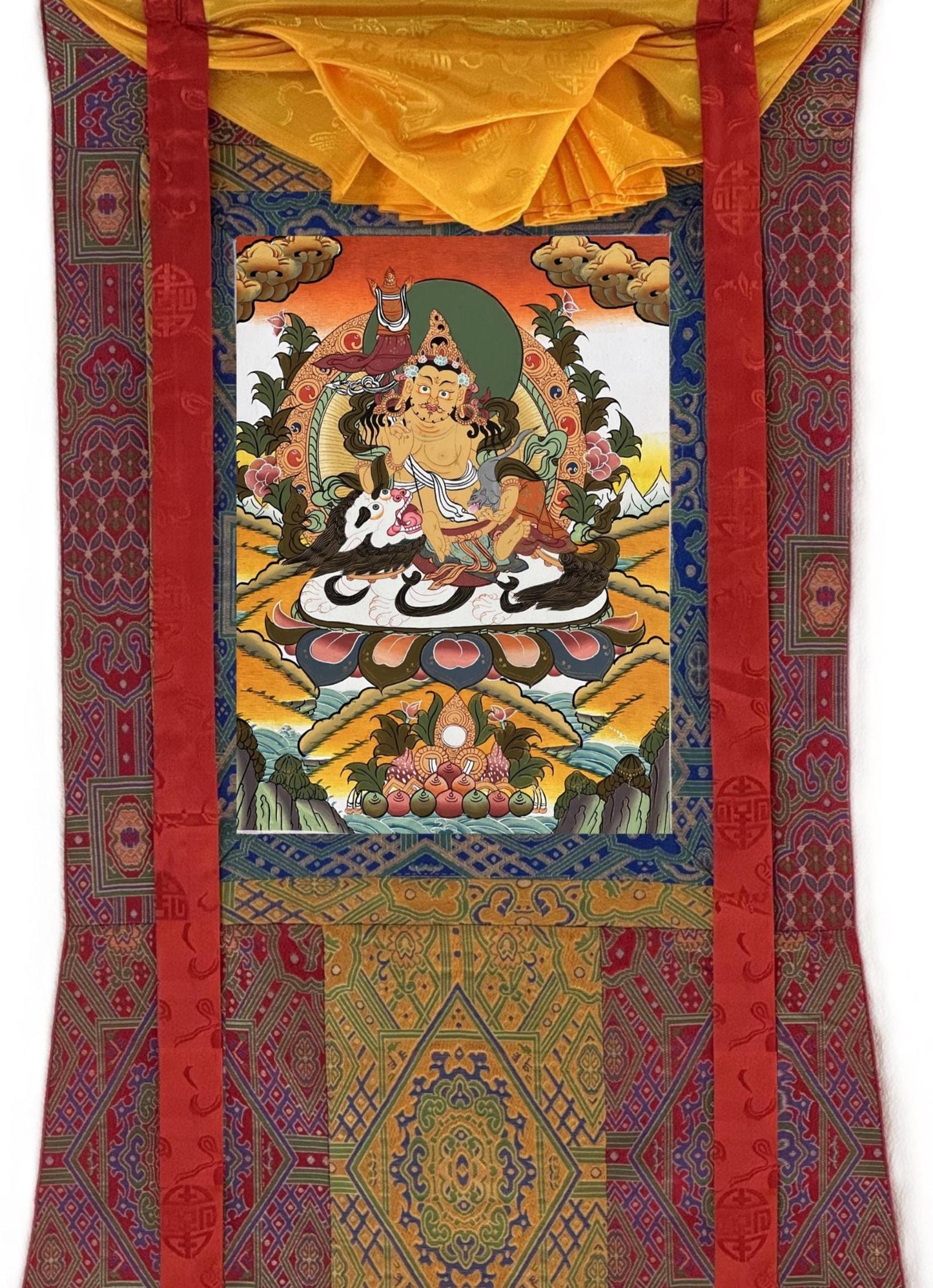 Singha Jambhala Thangka | Hand-Painted Tibetan Wealth Art with Silk Brocade