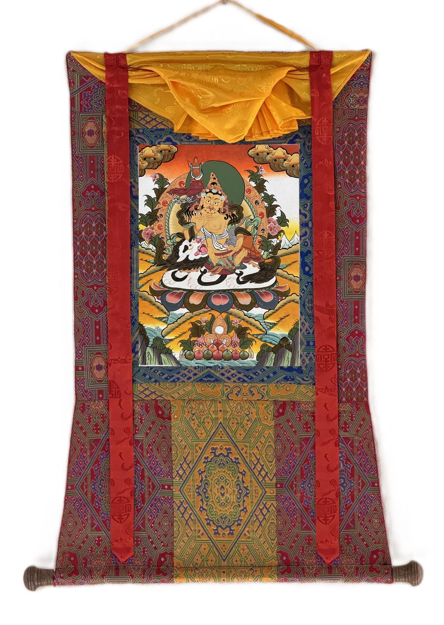 Singha Jambhala Thangka | Hand-Painted Tibetan Wealth Art with Silk Brocade