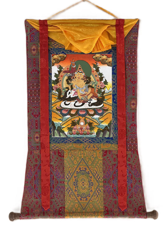 Singha Jambhala Thangka | Hand-Painted Tibetan Wealth Art with Silk Brocade