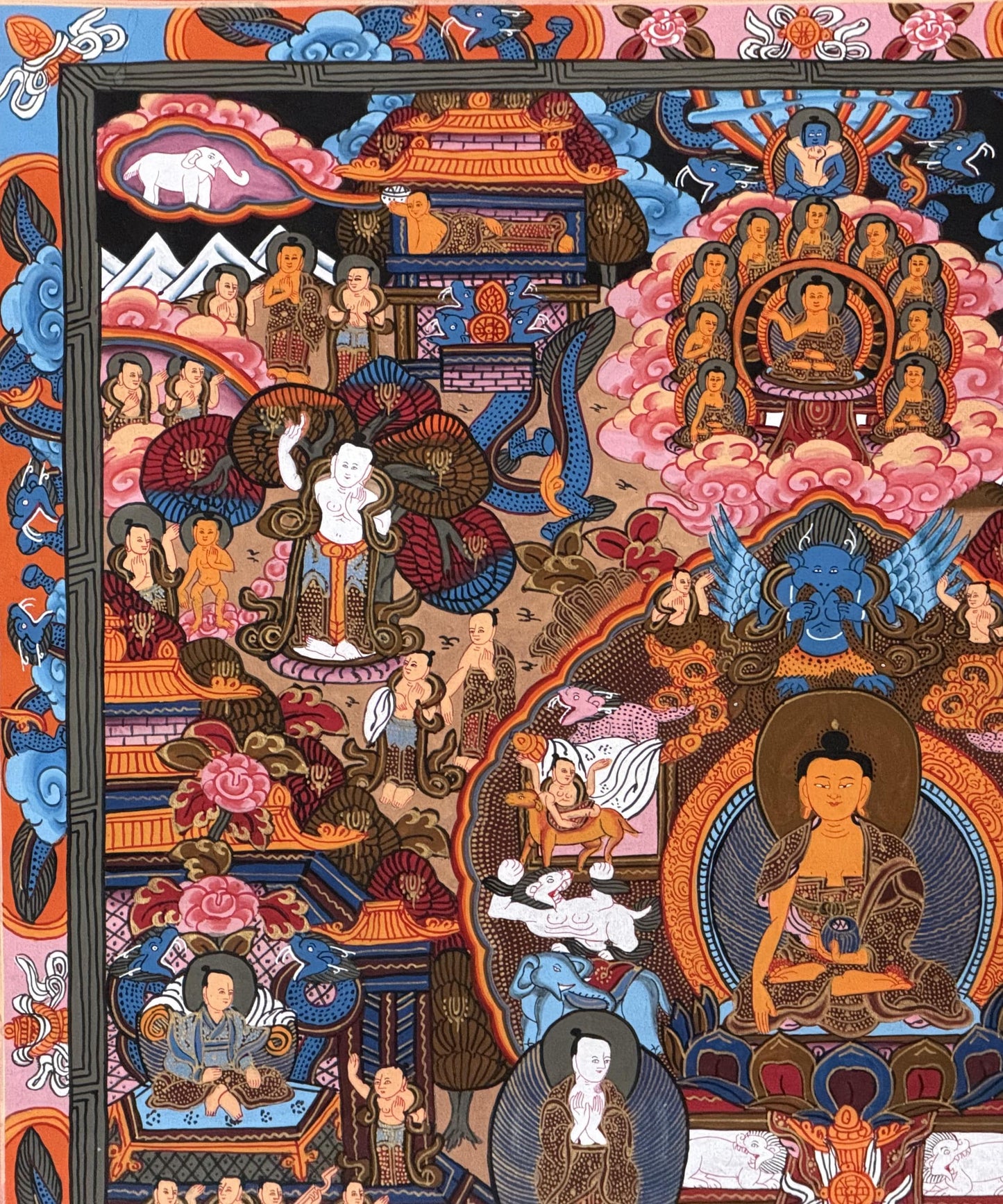 Life of Buddha Tibetan Thangka Painting – Original Hand-Painted Meditation Art with Silk Brocade
