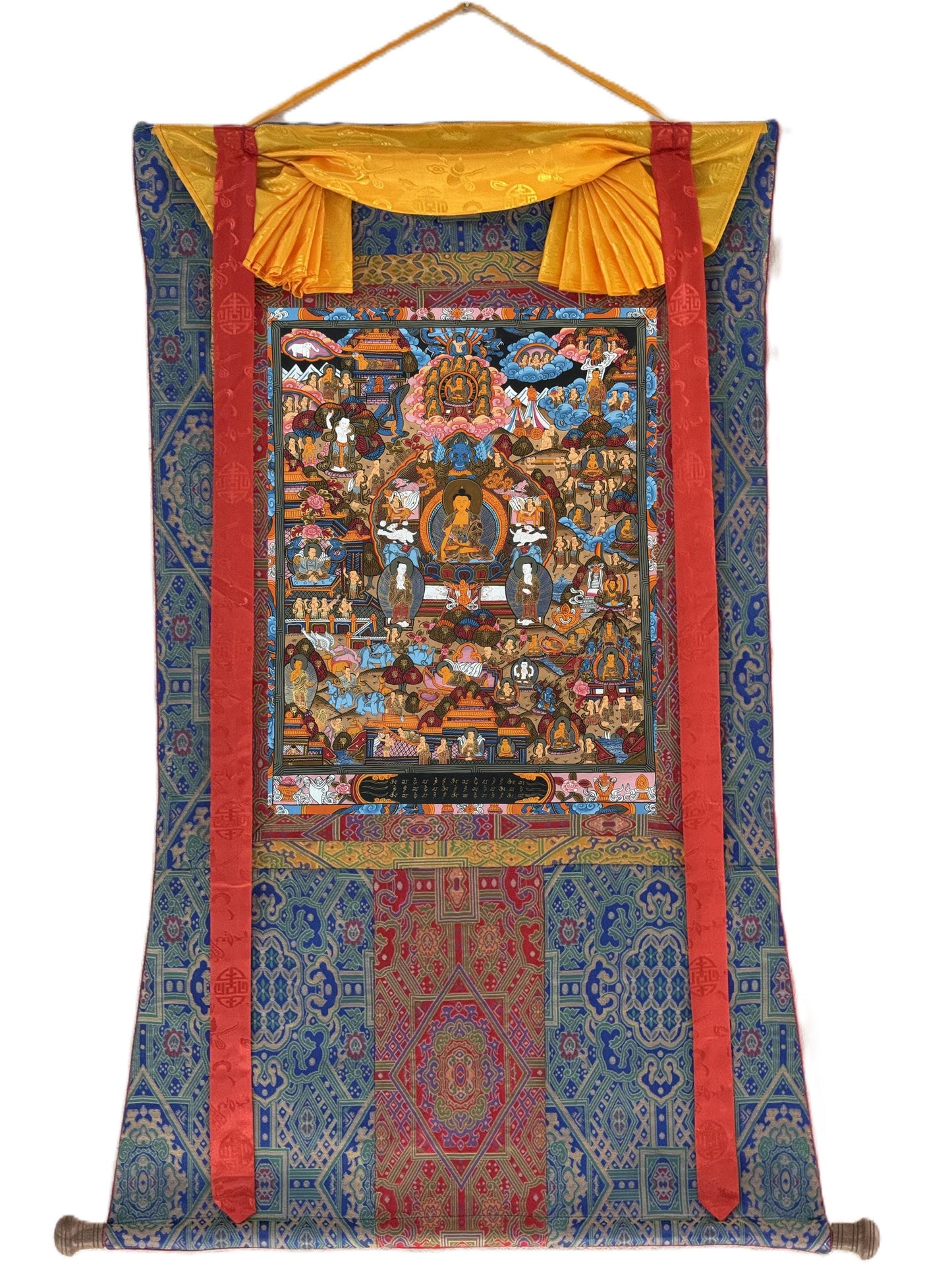 Life of Buddha Tibetan Thangka Painting – Original Hand-Painted Meditation Art with Silk Brocade