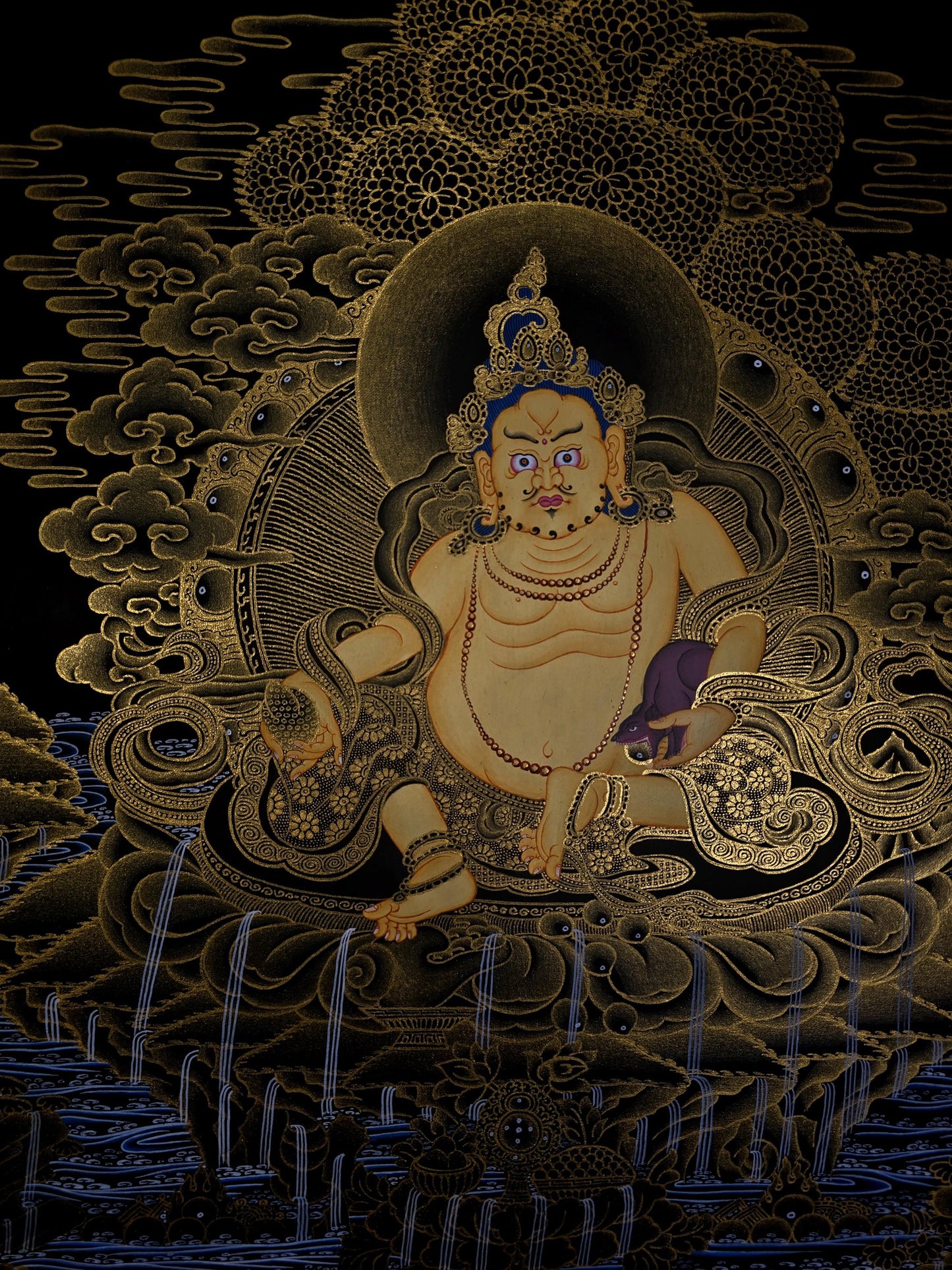 Hand Painted Jambhala Thangka - God of Wealth Art | 24k Gold Tibetan Meditation Masterpiece Painting