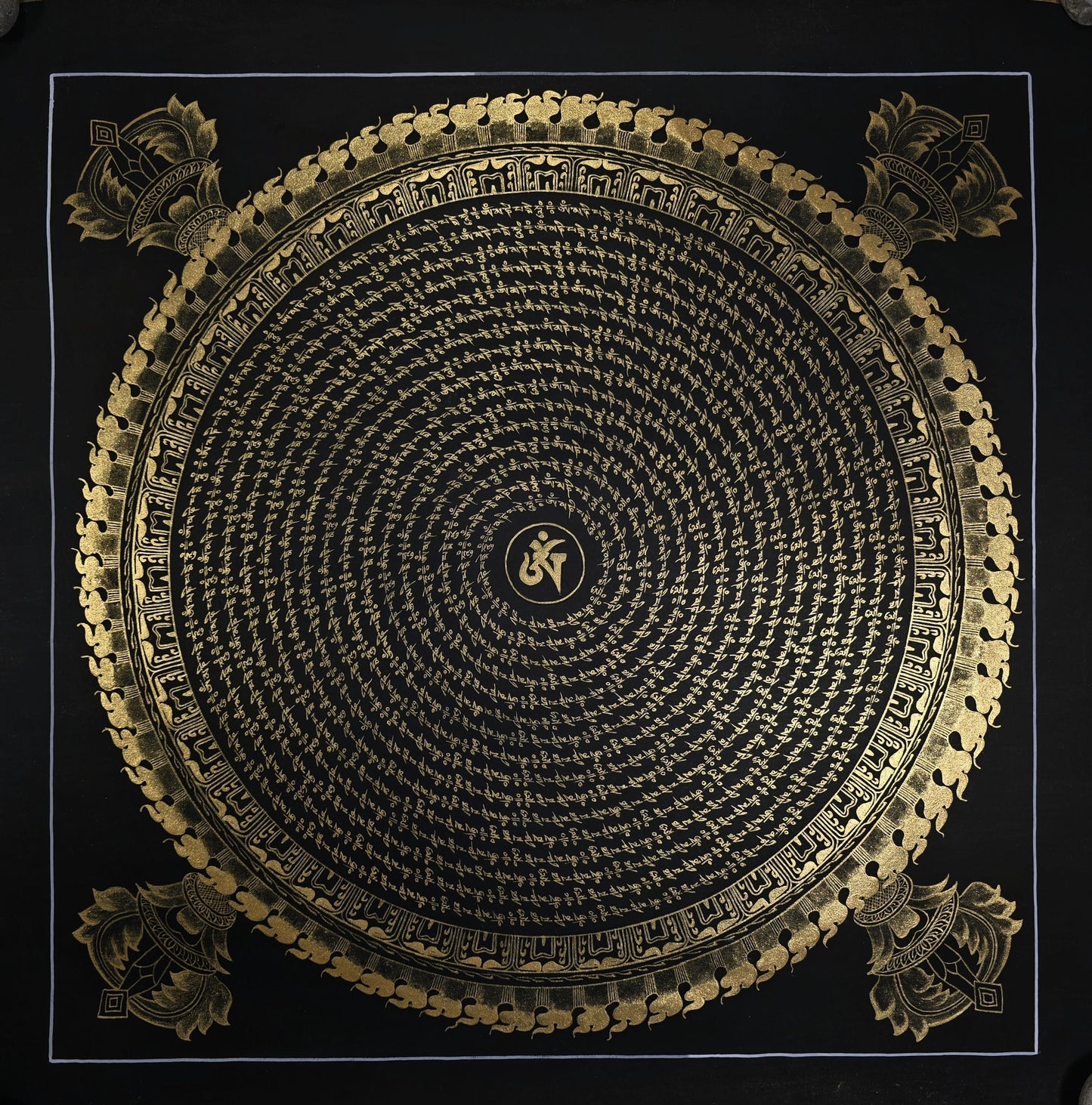 Handmade Om Mantra Mandala Black and Gold Thangka Painting | Tibetan Meditation Art