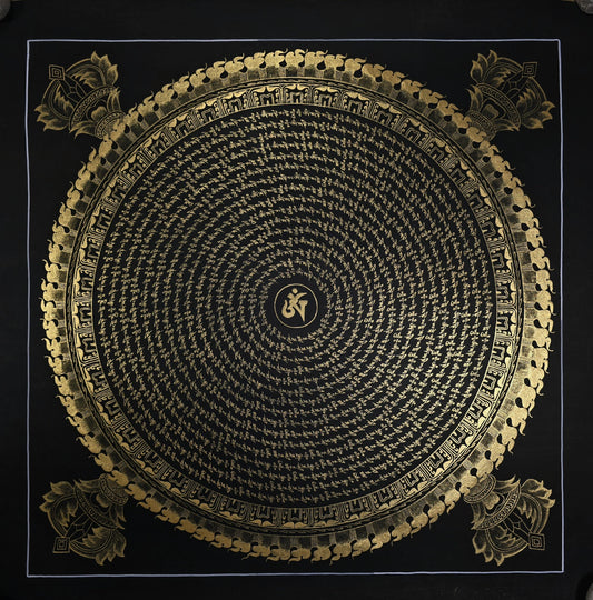 Handmade Om Mantra Mandala Black and Gold Thangka Painting | Tibetan Meditation Art