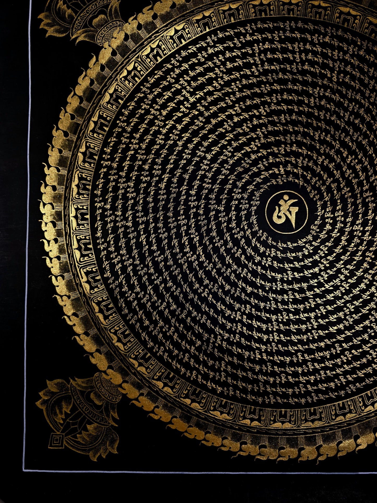 Handmade Om Mantra Mandala Black and Gold Thangka Painting | Tibetan Meditation Art