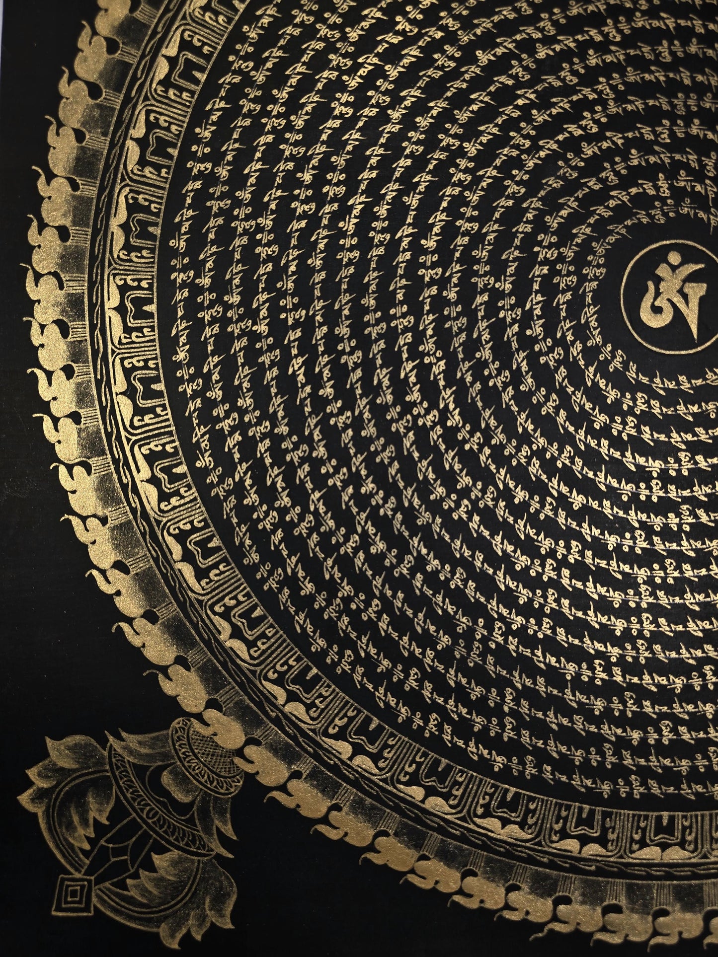 Handmade Om Mantra Mandala Black and Gold Thangka Painting | Tibetan Meditation Art