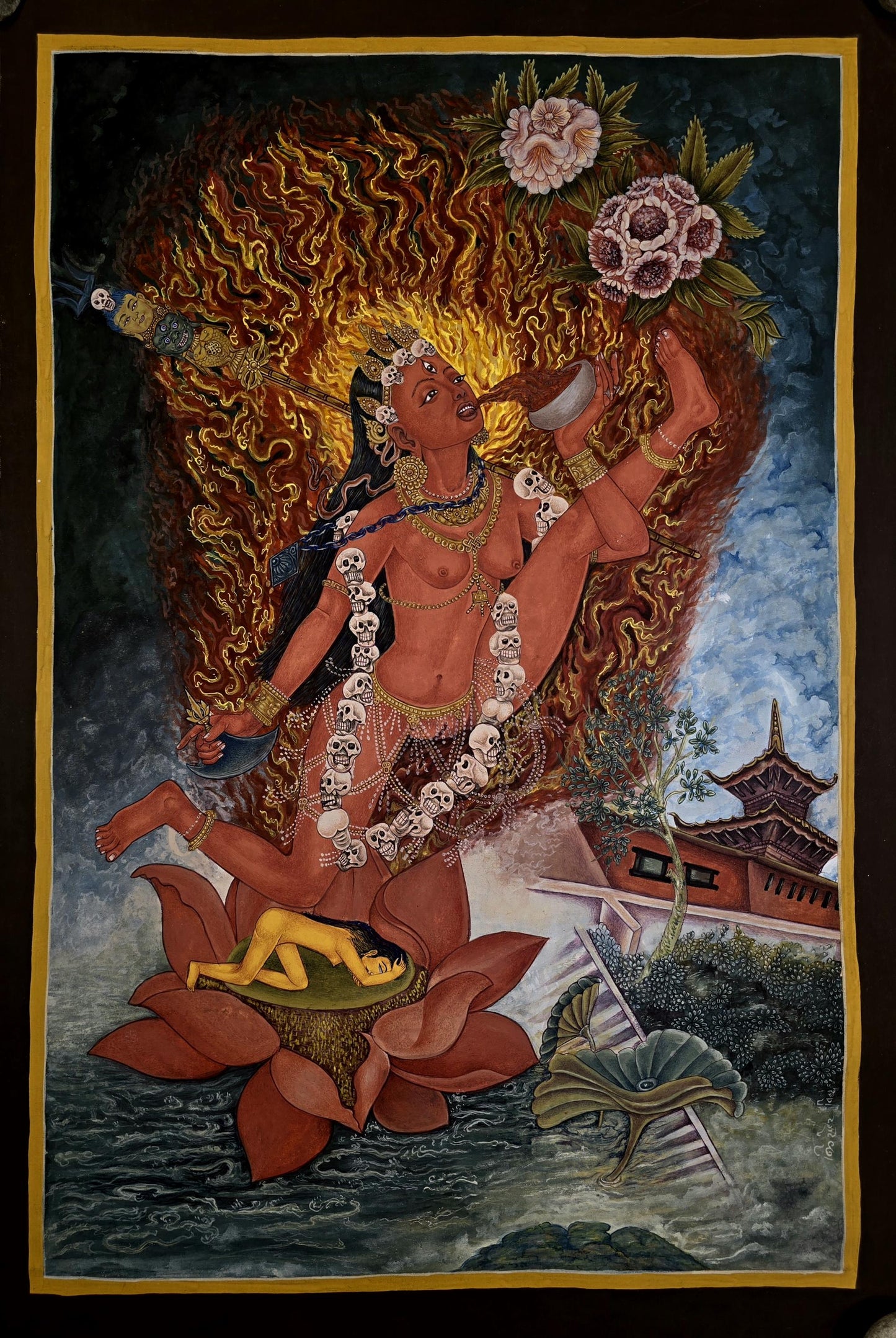 Akash Jogini Newari Paubha Thangka Painting – Wrathful Sky Dakini Sacred Himalayan Art