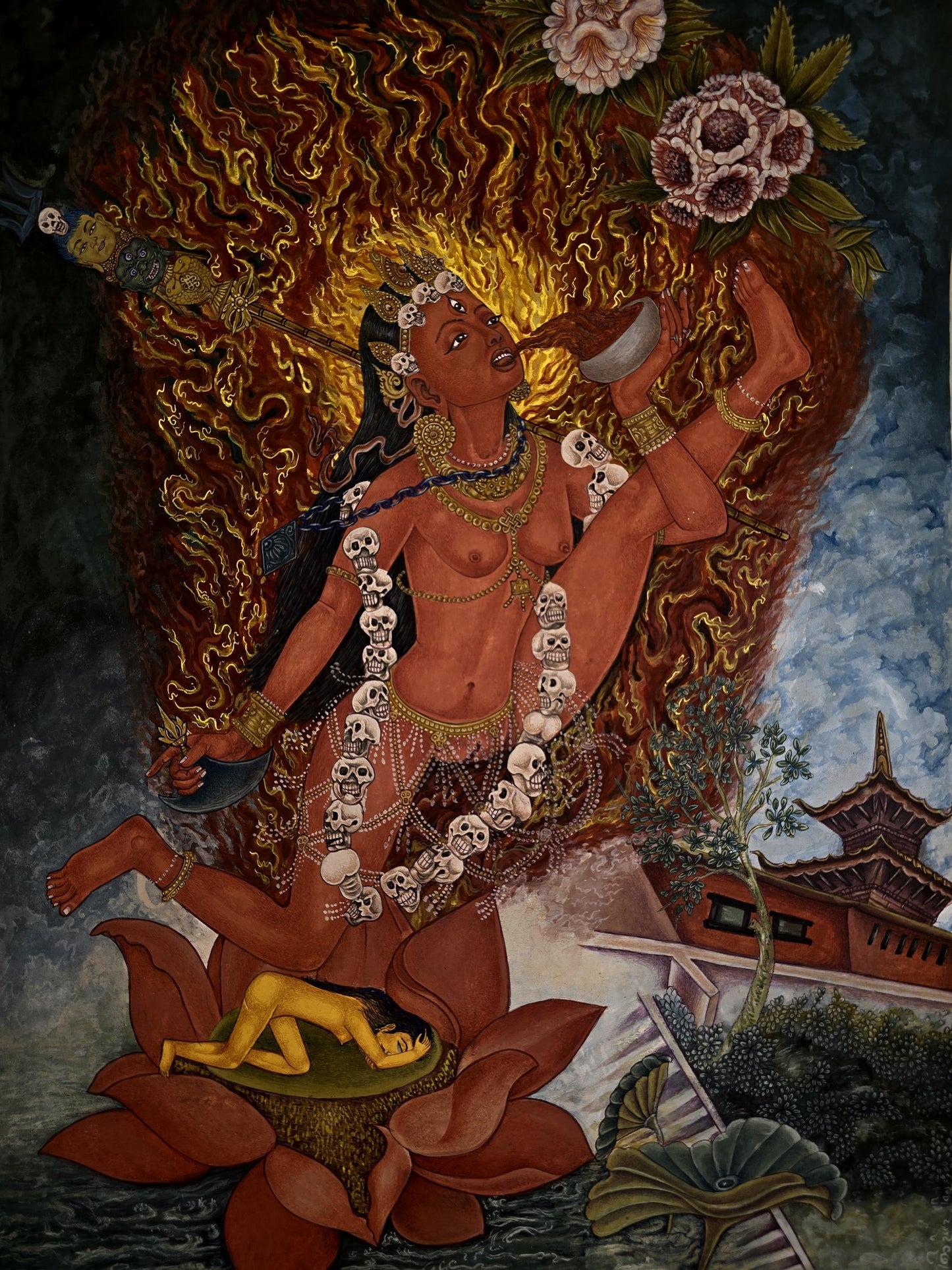 Akash Jogini Newari Paubha Thangka Painting – Wrathful Sky Dakini Sacred Himalayan Art