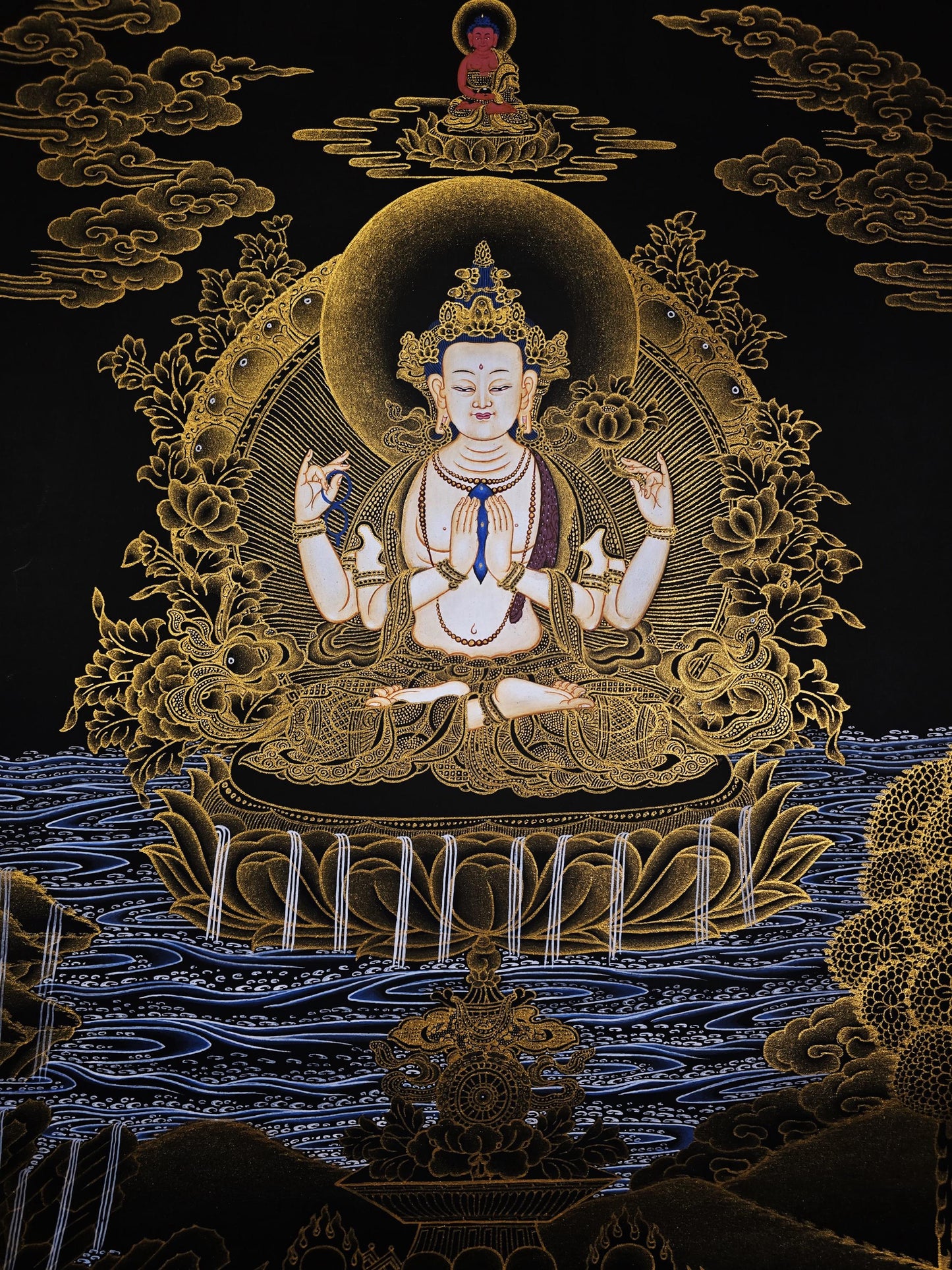 Chenrezig Avalokiteshvara Tibetan Thangka 24K Gold Hand-Painted Buddhist Compassion Art