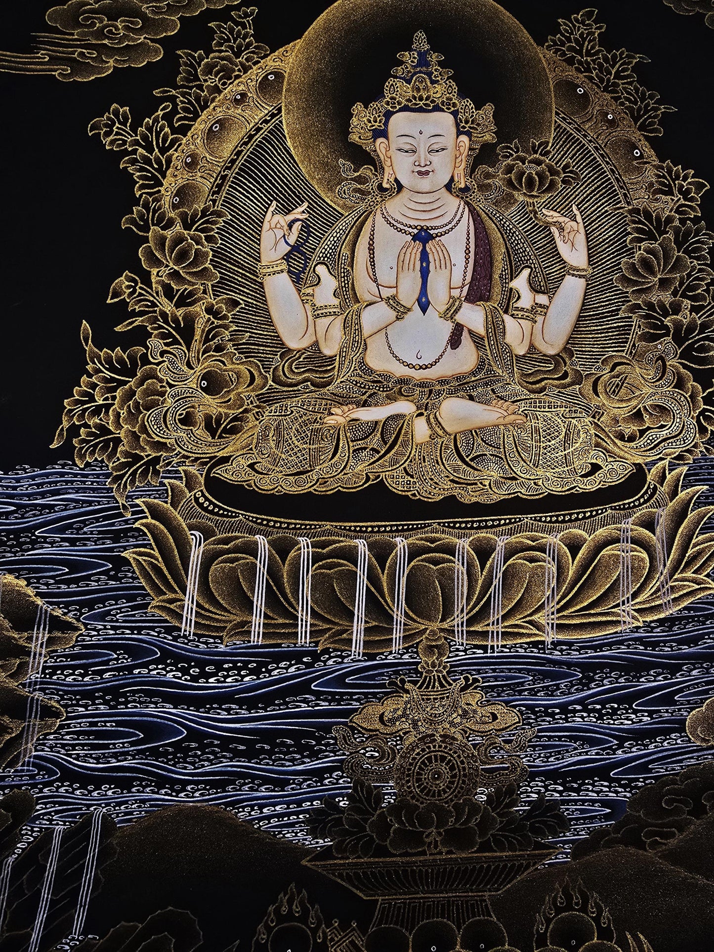 Chenrezig Avalokiteshvara Tibetan Thangka 24K Gold Hand-Painted Buddhist Compassion Art
