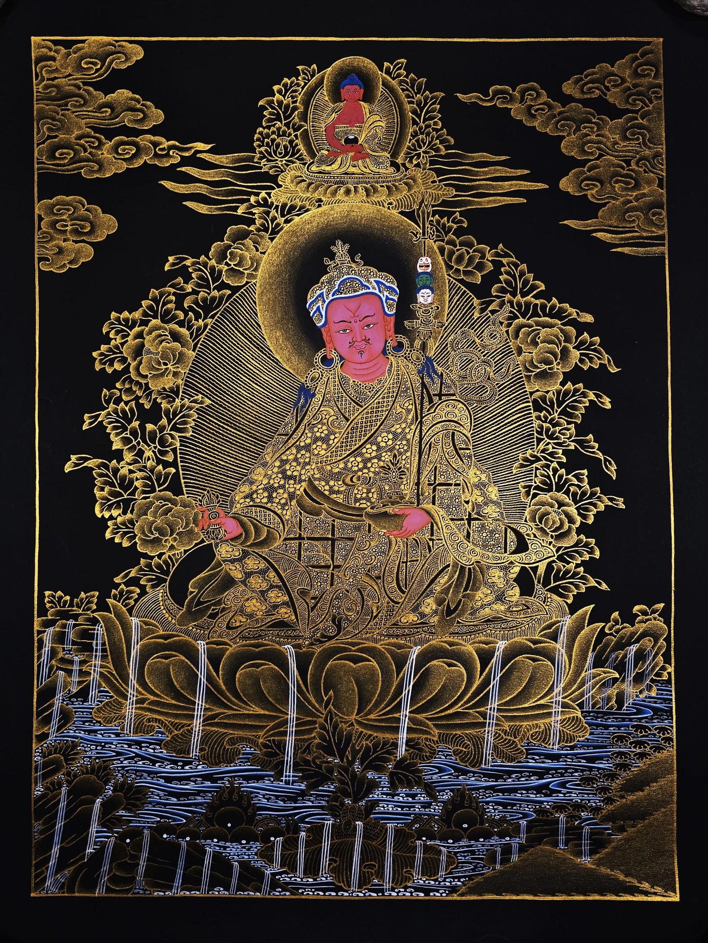 Guru Rinpoche Padmasambhava 24K Gold Tibetan Thangka Painting – Black and Gold Masterpiece