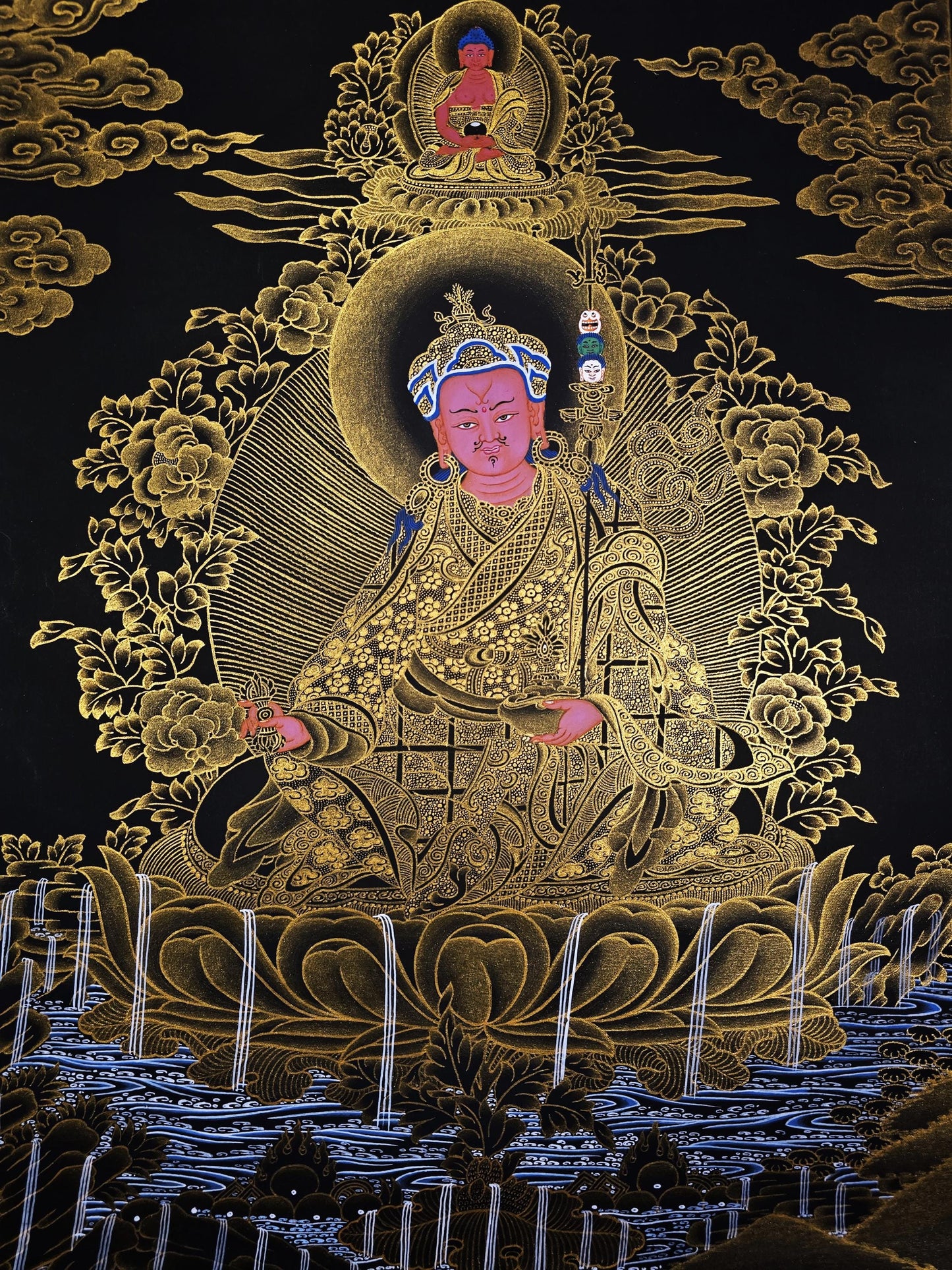 Guru Rinpoche Padmasambhava 24K Gold Tibetan Thangka Painting – Black and Gold Masterpiece