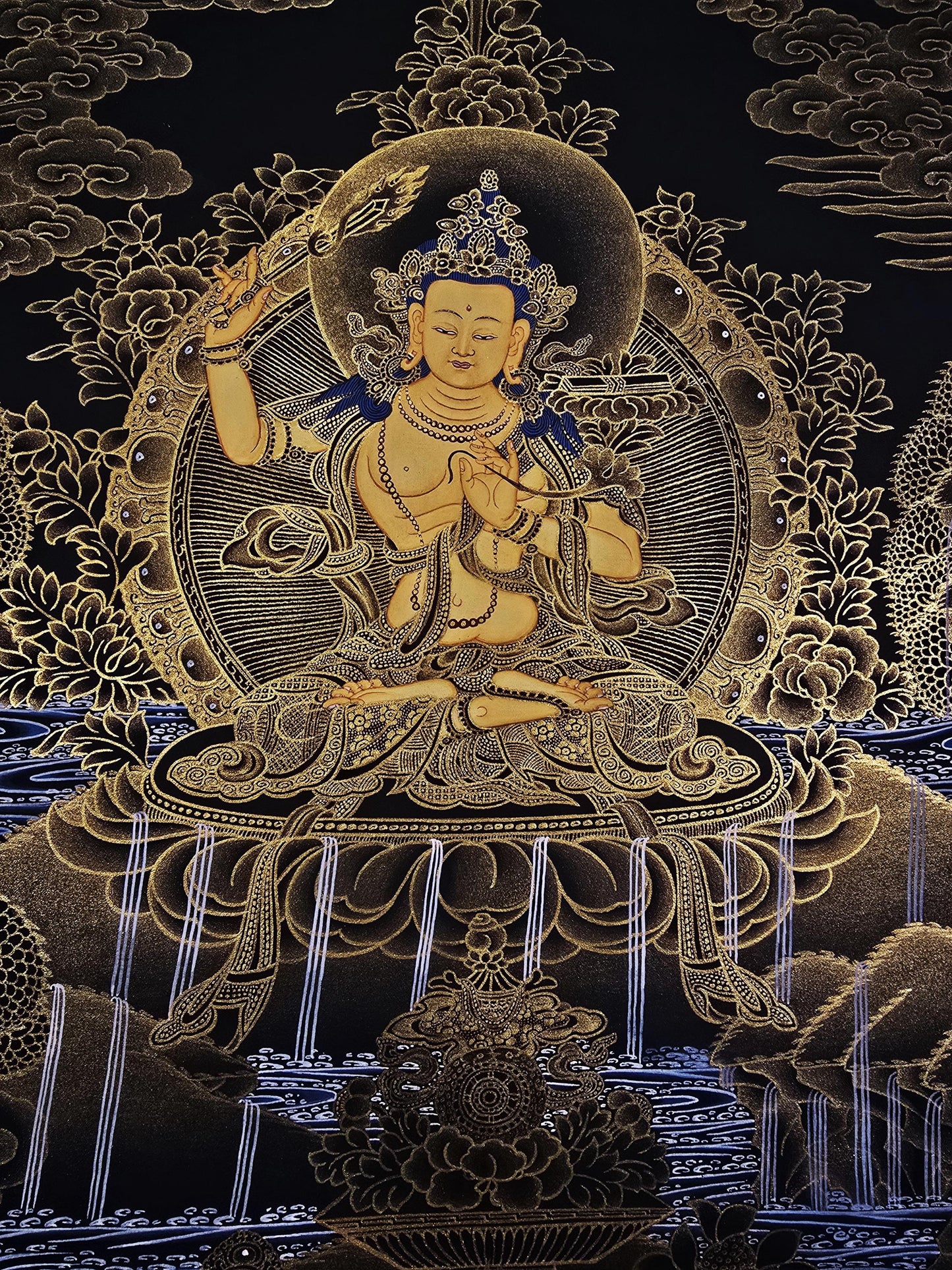Hand-Painted Manjushri Thangka | Tibetan Buddhist Wisdom Art, 24K Gold Detail