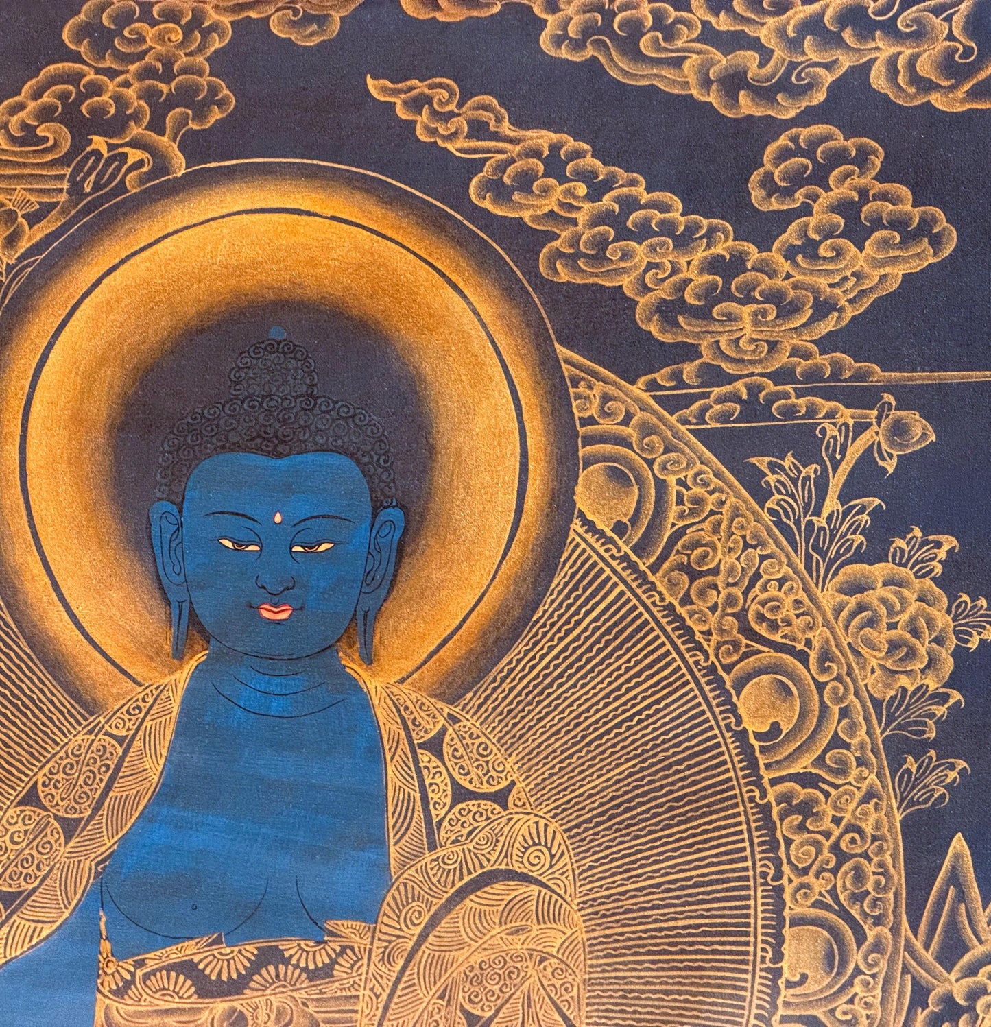 Medicine Buddha Tibetan Thangka – Hand-Painted Oil-Varnished Healing Art with Silk Brocade