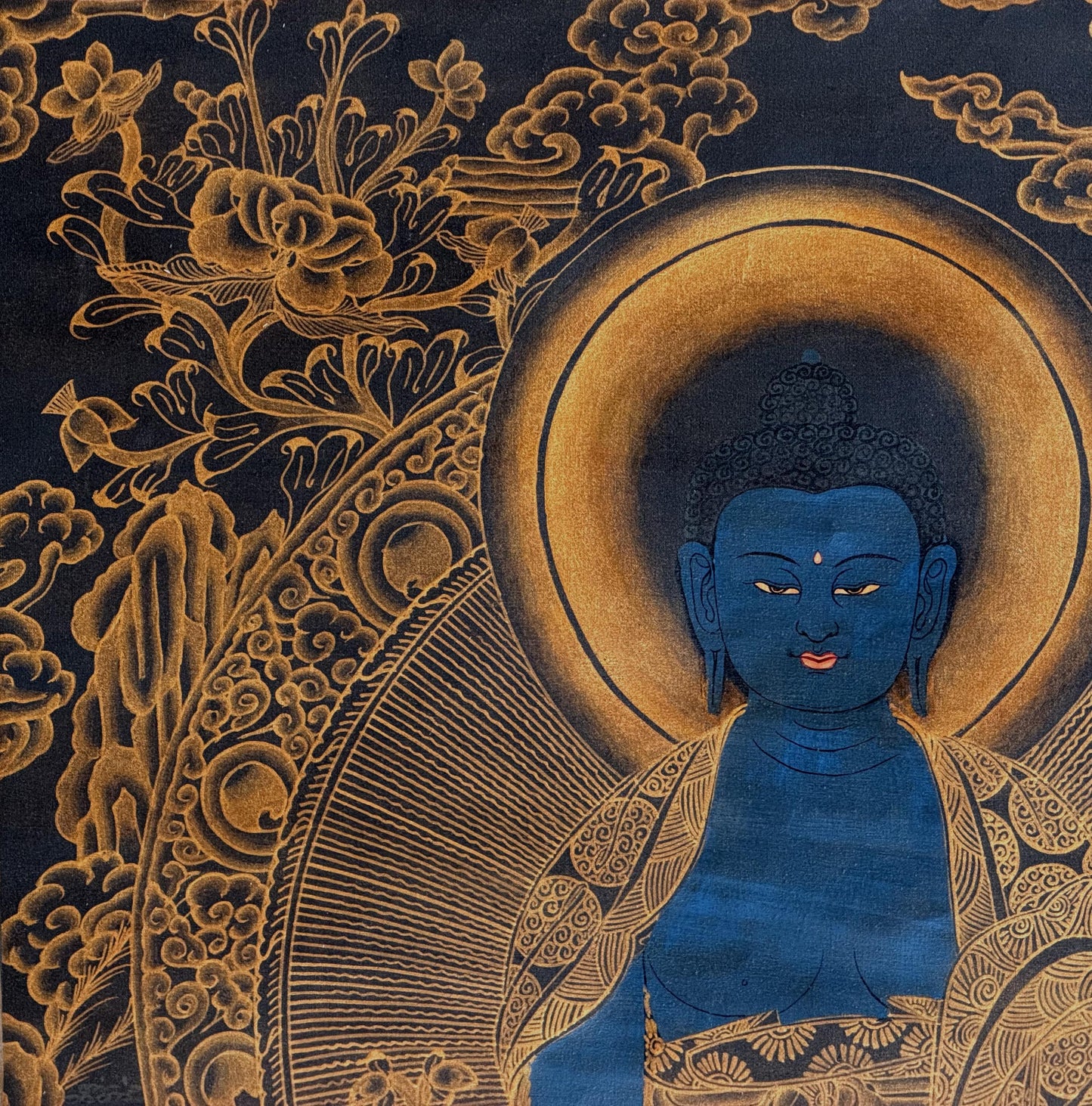 Medicine Buddha Tibetan Thangka – Hand-Painted Oil-Varnished Healing Art with Silk Brocade