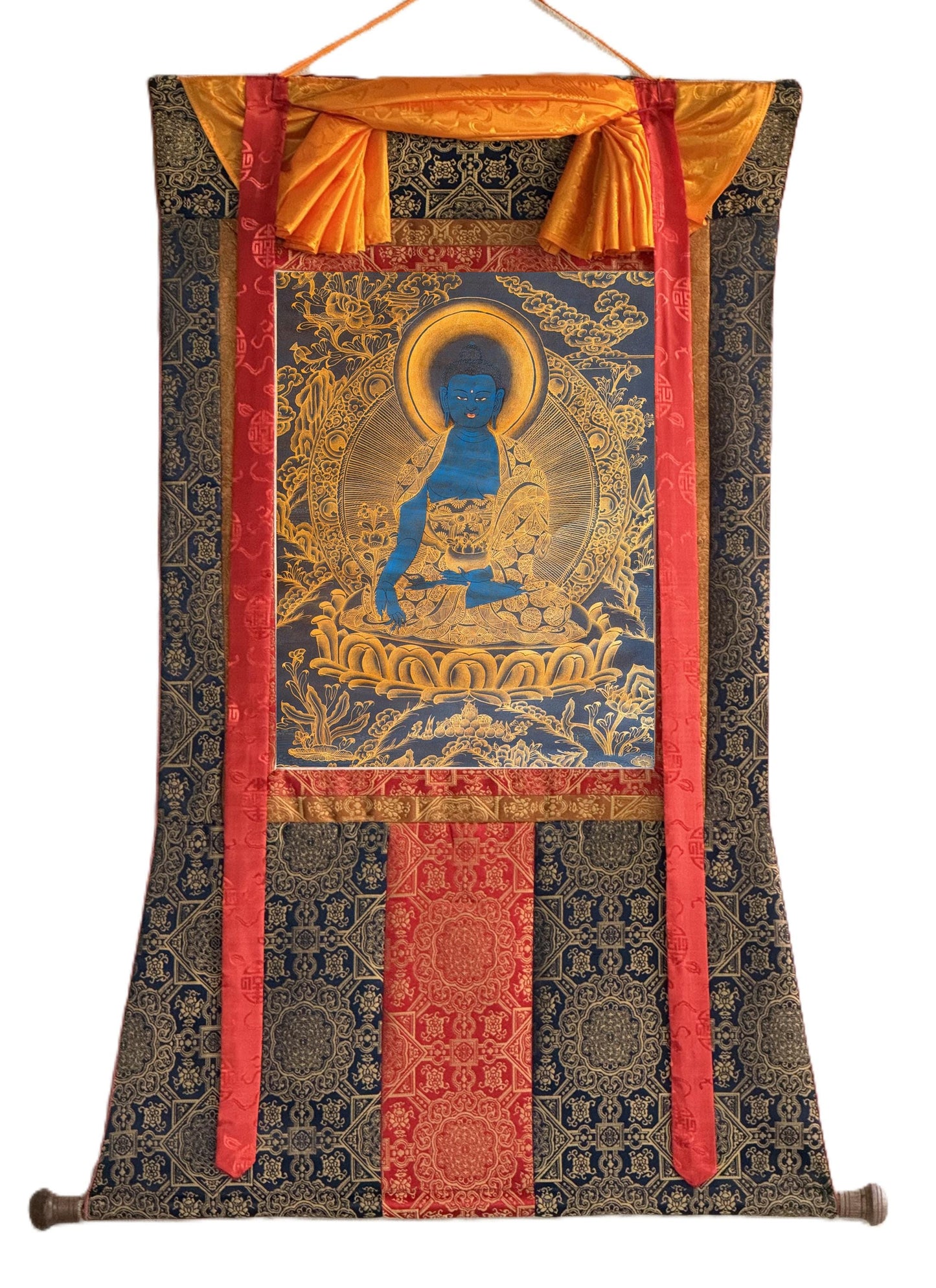 Medicine Buddha Tibetan Thangka – Hand-Painted Oil-Varnished Healing Art with Silk Brocade