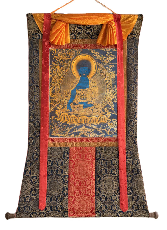 Medicine Buddha Tibetan Thangka – Hand-Painted Oil-Varnished Healing Art with Silk Brocade