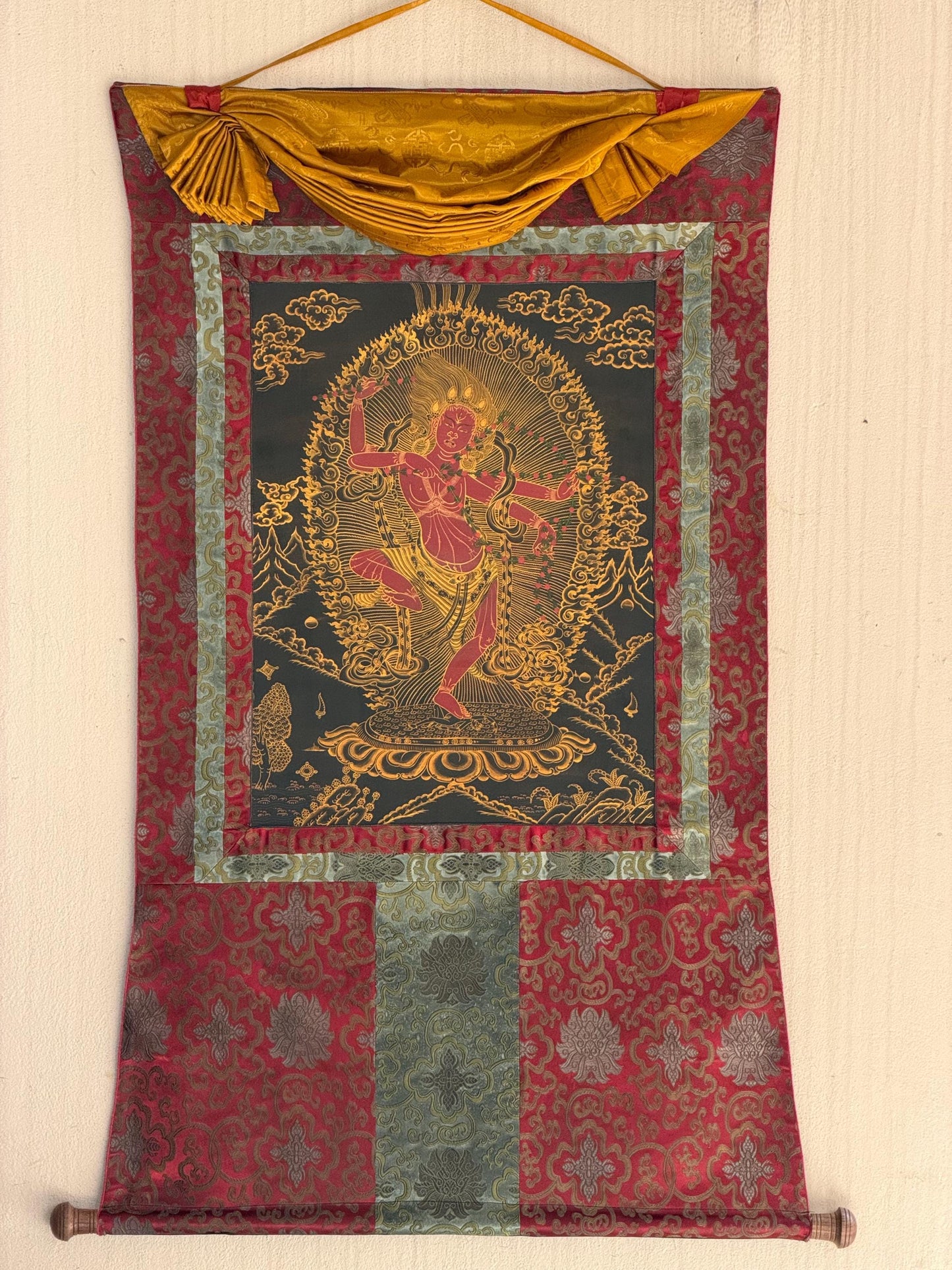 Hand-Painted Kurukulla Thangka | Tibetan Mother Buddha Art | Original Masterpiece Painting with Silk Brocade