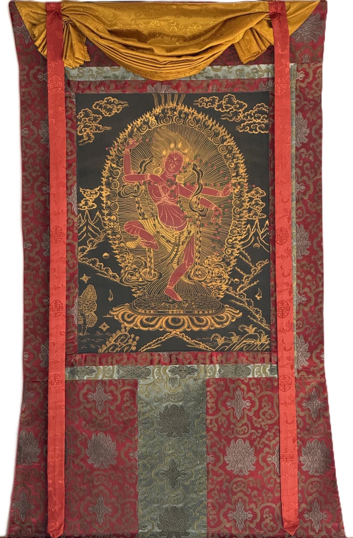 Hand-Painted Kurukulla Thangka | Tibetan Mother Buddha Art | Original Masterpiece Painting with Silk Brocade