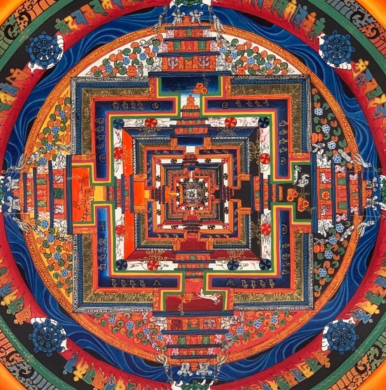 Hand-Painted Kalachakra Mandala Thangka | Tibetan Wheel of Time Art | Meditative Wall Art