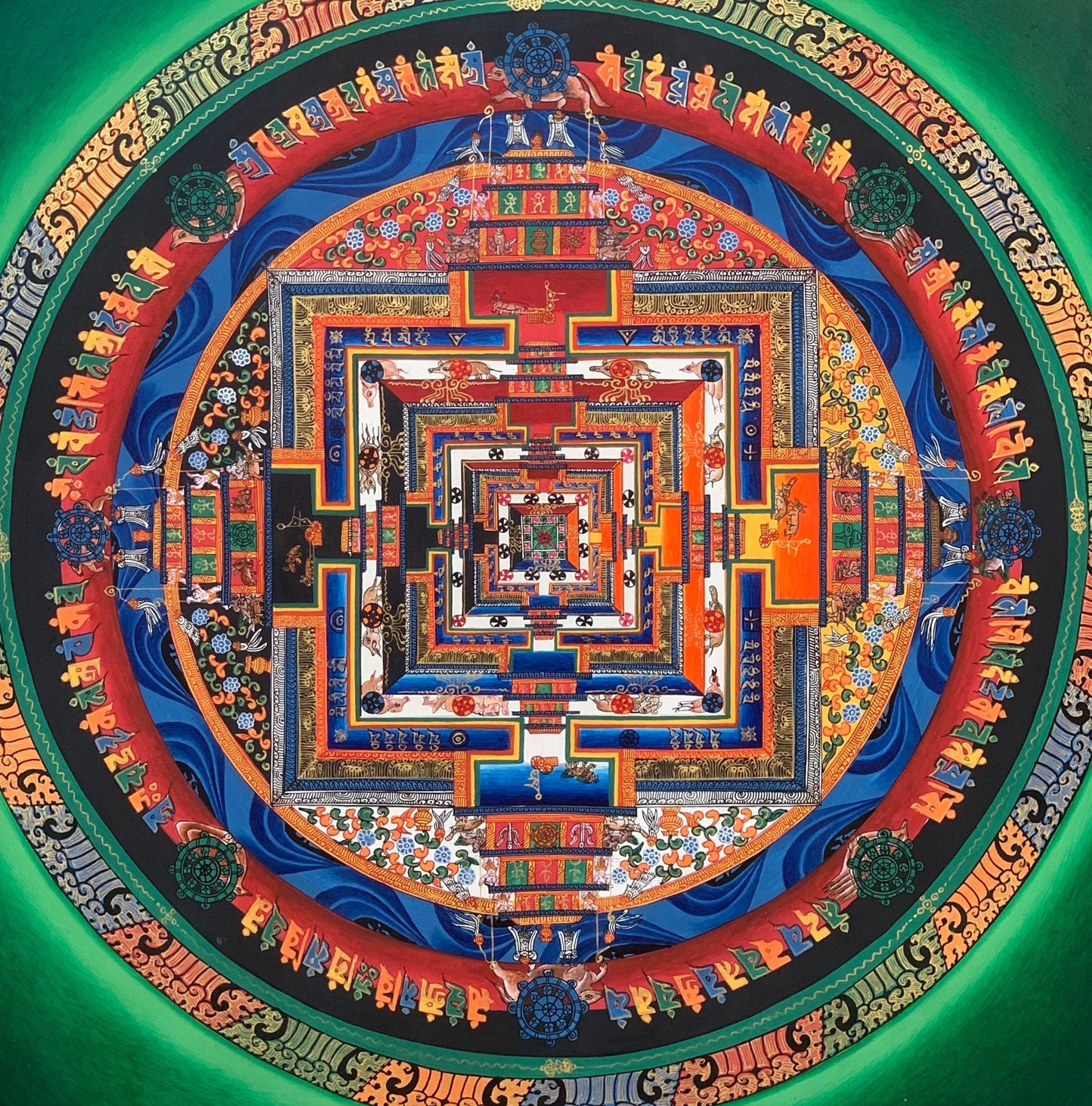 Hand-Painted Green Kalachakra Mandala Thangka | Wheel of Time Art | Meditation & Spiritual Decor