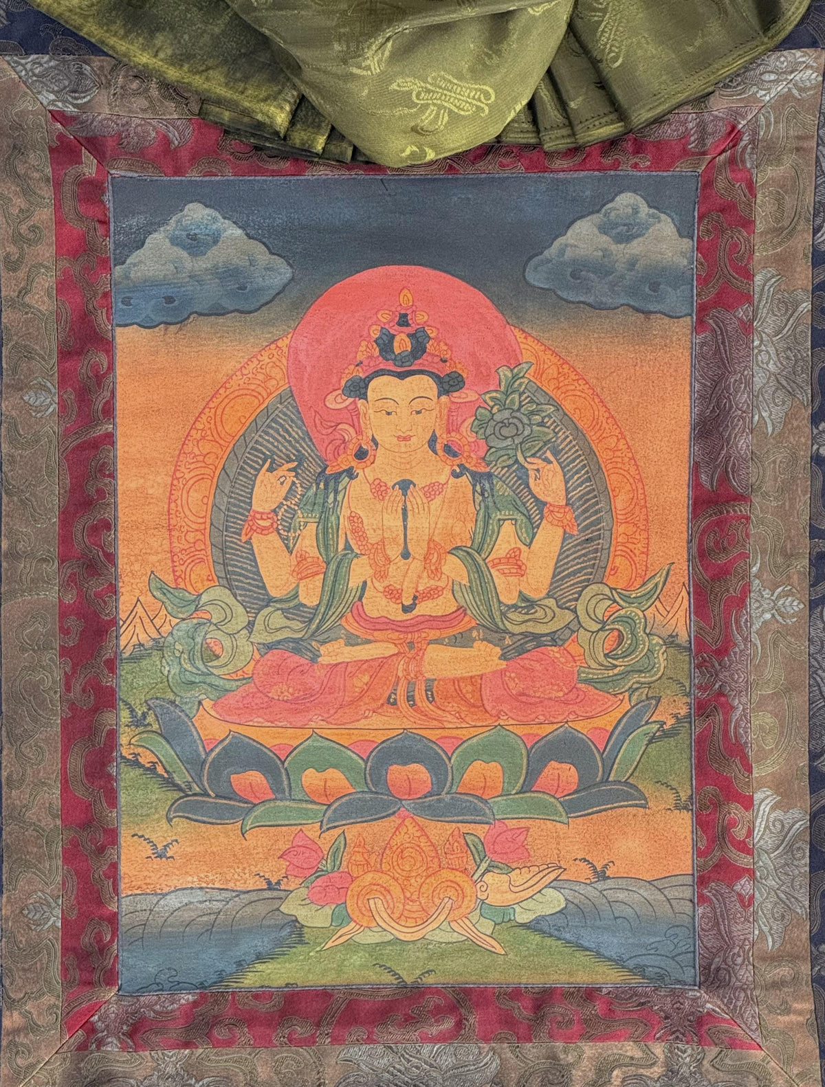 Handcrafted Chenrezig Thangka Painting  Tibetan Art with Silk Brocade