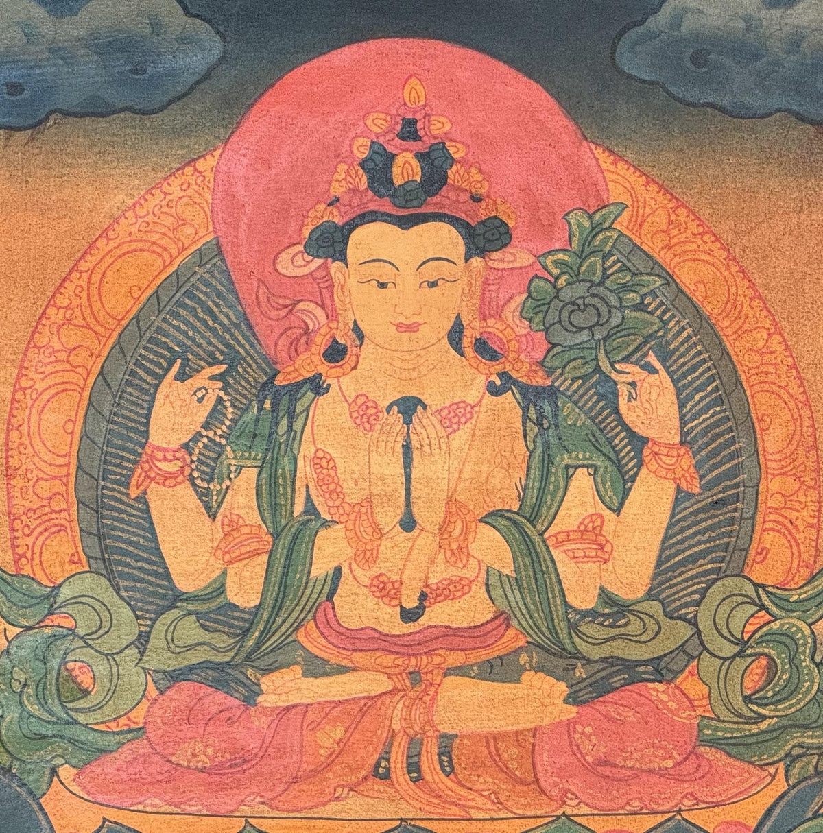Handcrafted Chenrezig Thangka Painting  Tibetan Art with Silk Brocade