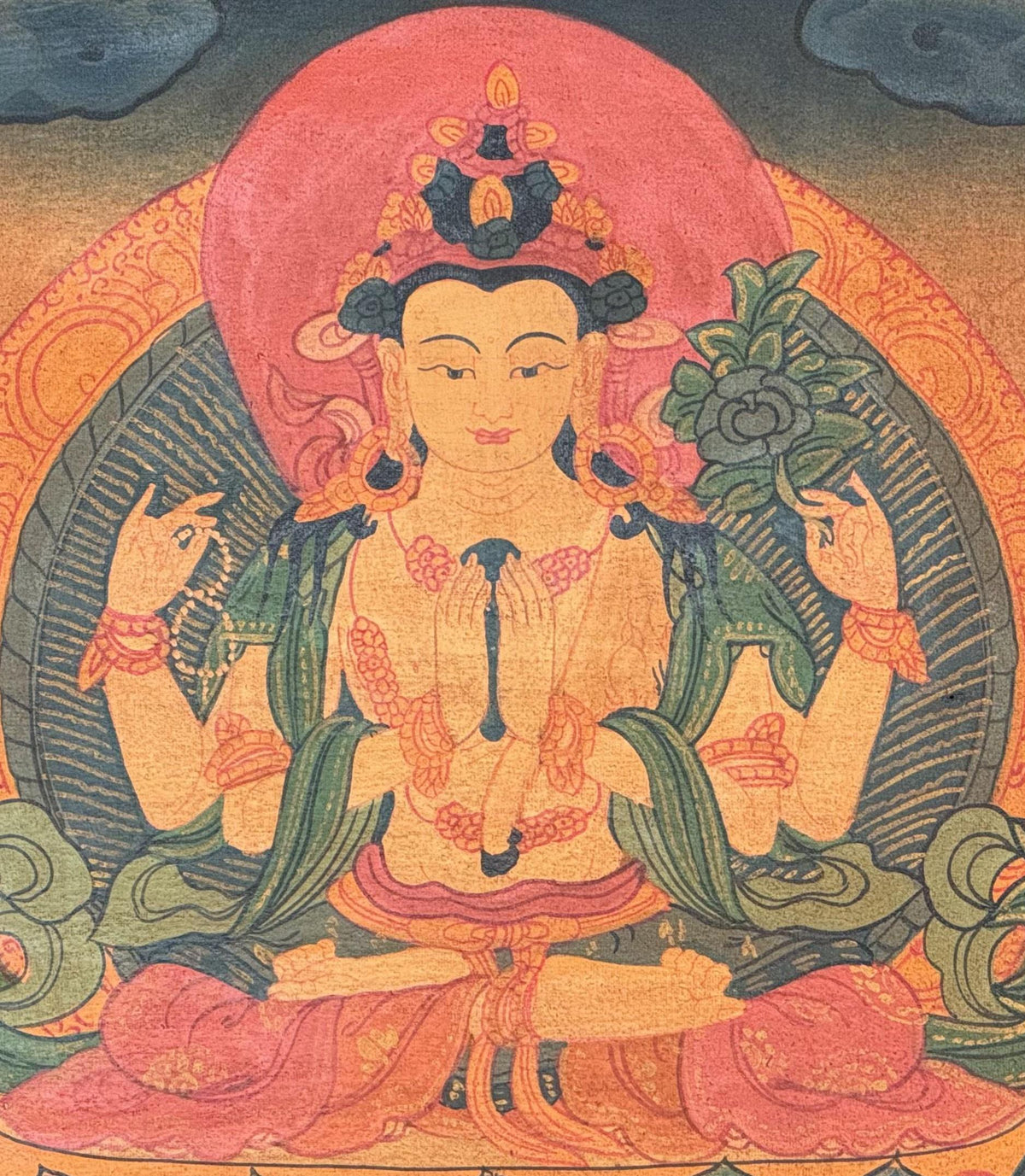 Handcrafted Chenrezig Thangka Painting  Tibetan Art with Silk Brocade